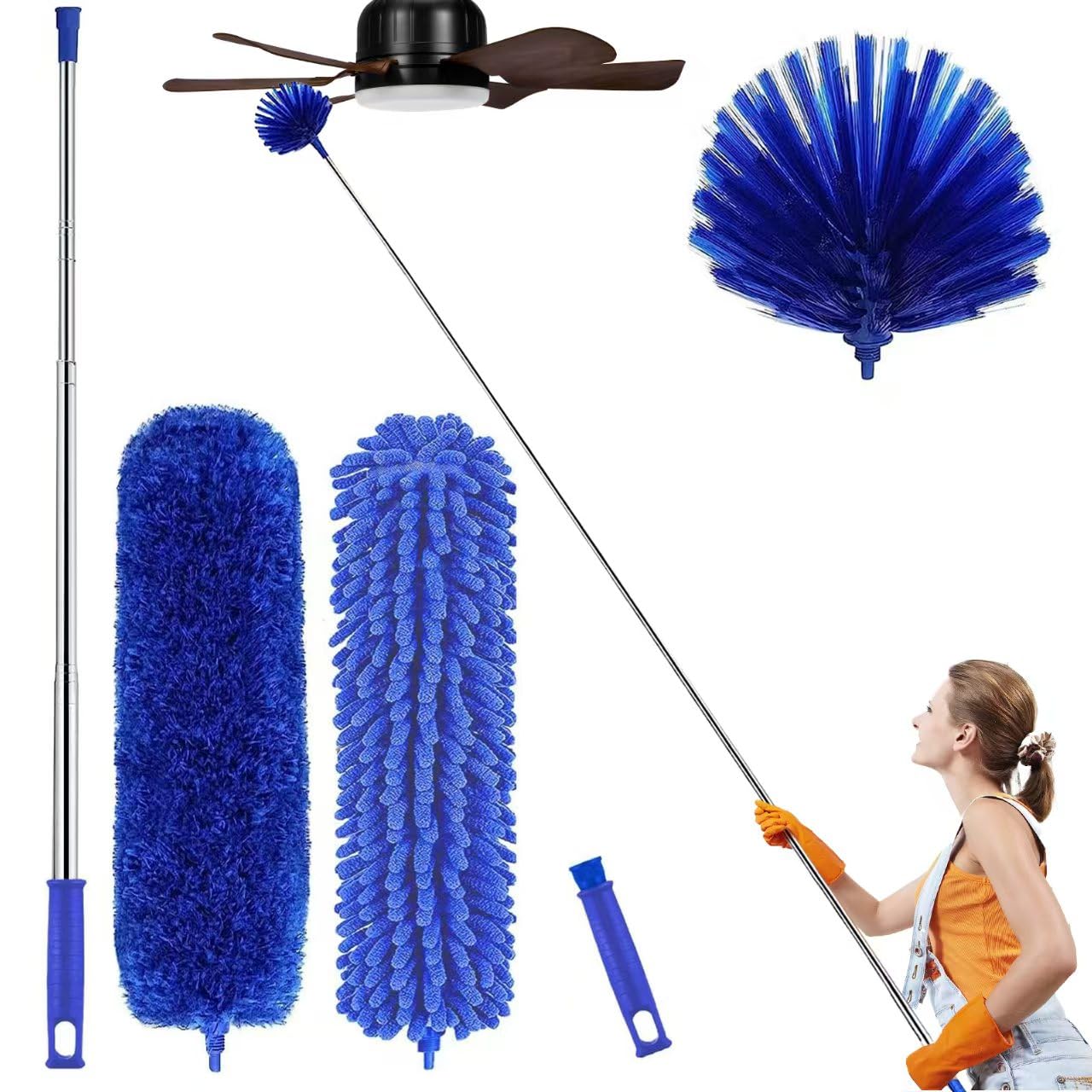 Professional Microfibre Dusters for Cleaning - Extendable 30-81" Cobweb Remover Kit with 3 Washable Heads, Bendable Design for High Ceilings, Fans