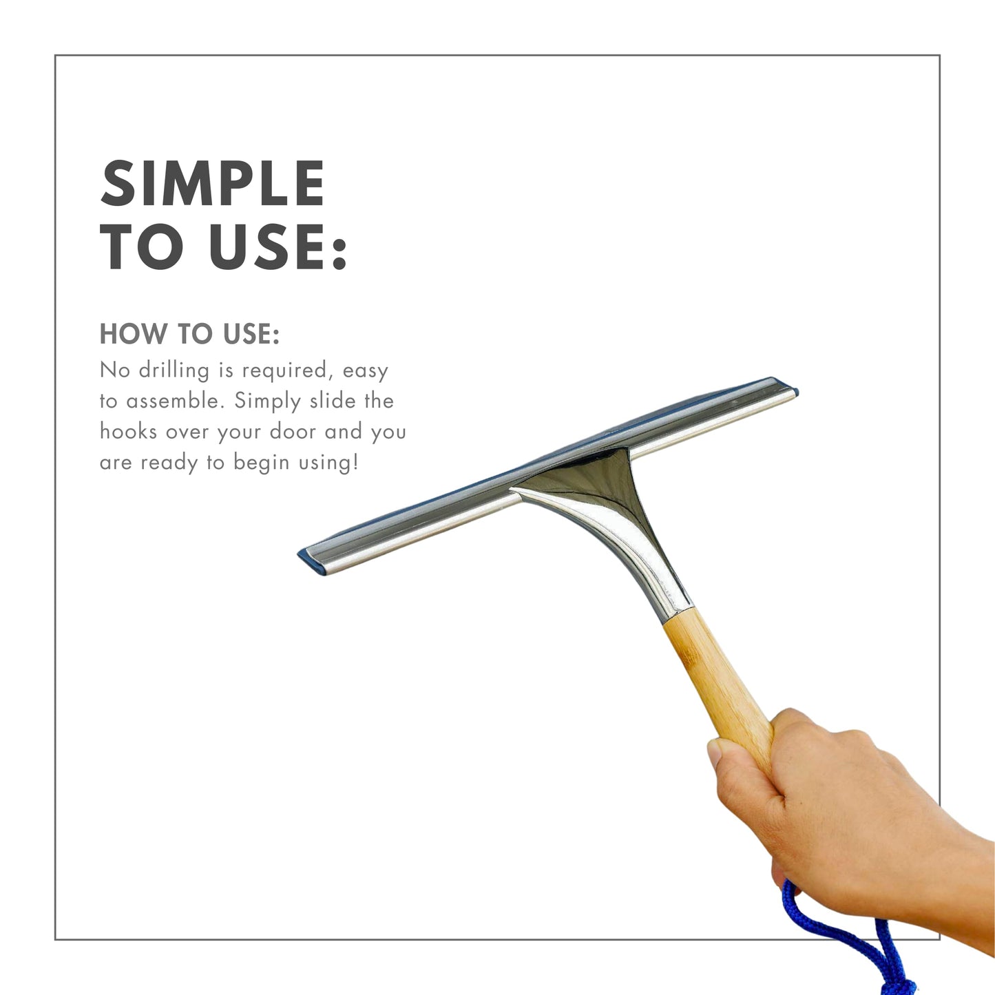 ToiletTree Products All Purpose Bamboo Stainless Steel Squeegee - Rust Proof Deluxe Squeegee with Hanging Hook - Hand Wiper for Shower Doors