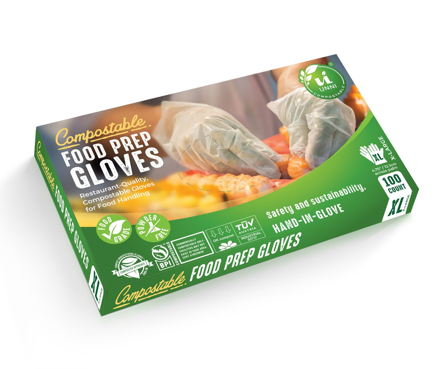 UNNI Compostable Food Prep Gloves, Large, 100 Count, Powder-Free, For Food Handling & Cleaning, ASTM D6400, BPI Certified