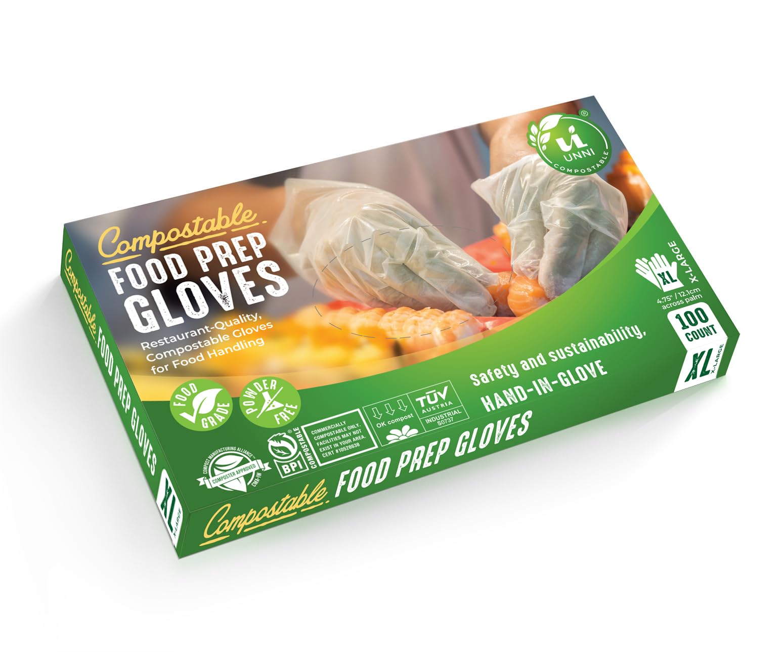 UNNI Compostable Food Prep Gloves, Small, 100 Count, Powder-Free, For Food Handling & Cleaning, ASTM D6400, BPI Certified