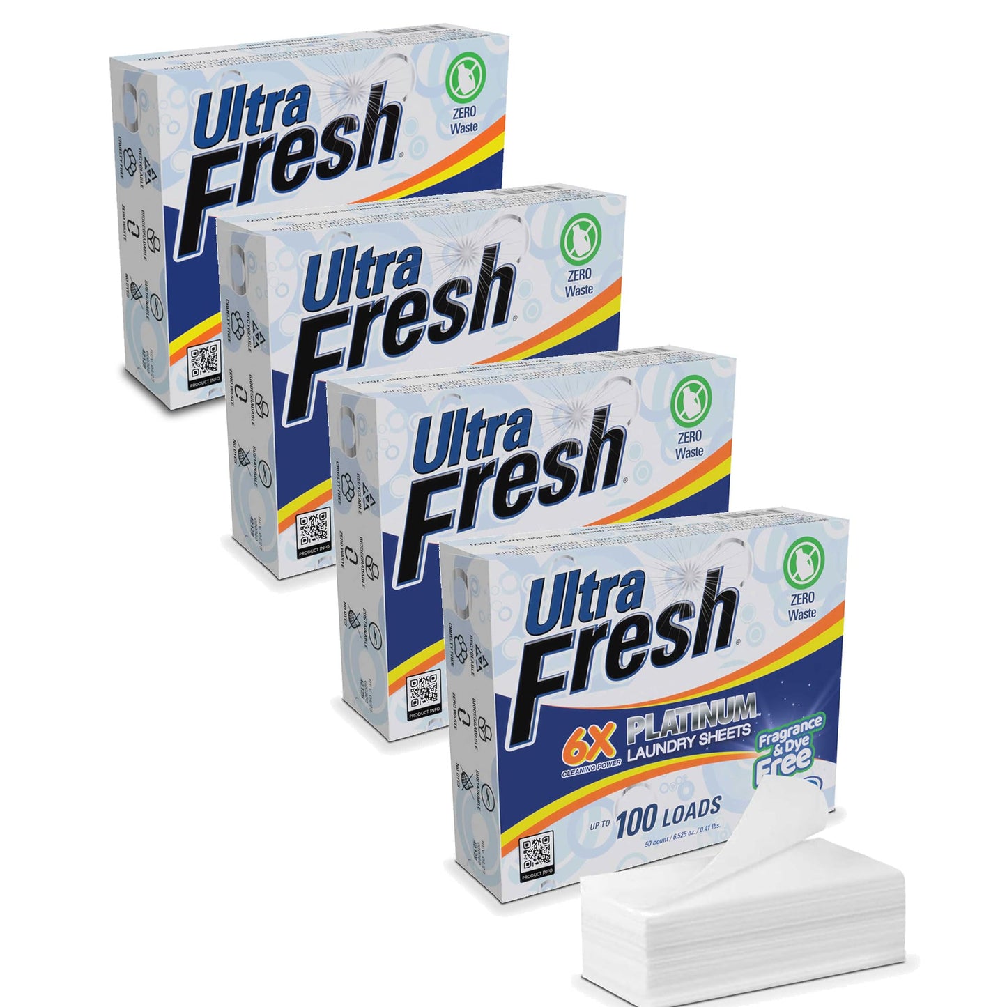 Ultra Fresh Platinum 4 Pack Laundry Soap Detergent Sheets, Ultra Concentrated, Stain Fighting, Fragrance & Dye Free, 400 Loads