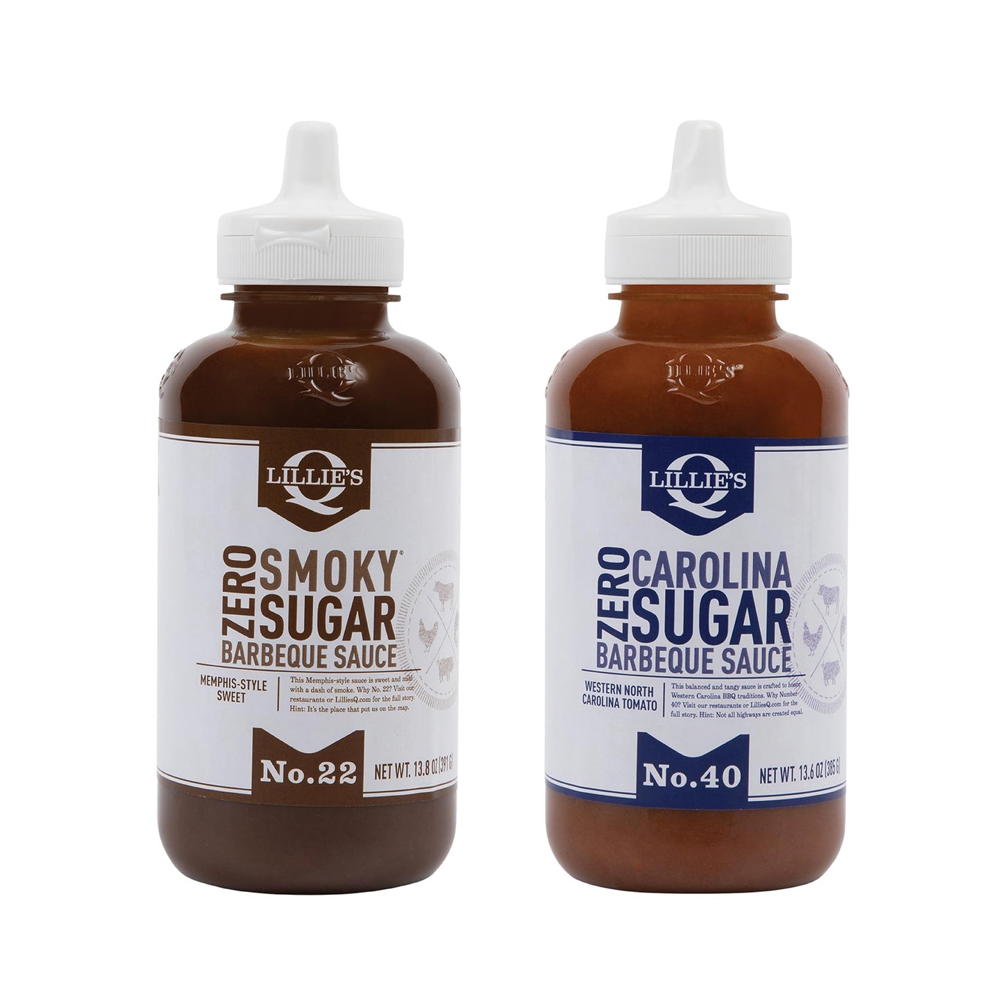 Lillie's Q - Zero Sugar Smoky BBQ (13.8oz) & Zero Sugar Carolina BBQ (13.6oz) Sauce Combo, Low Calorie (2-pack)