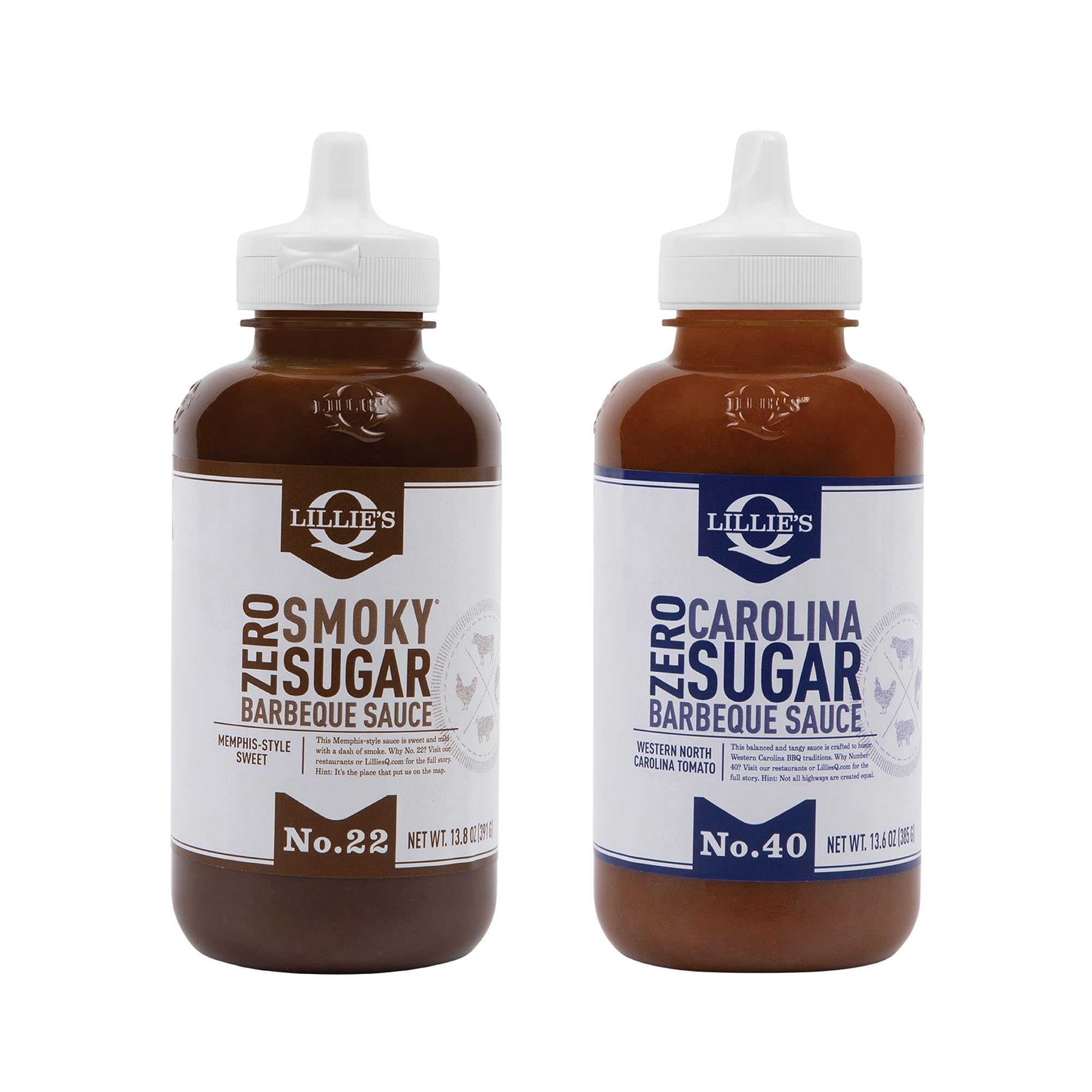 Lillie's Q - Zero Sugar Smoky BBQ (13.8oz) & Zero Sugar Carolina BBQ (13.6oz) Sauce Combo, Low Calorie (2-pack)