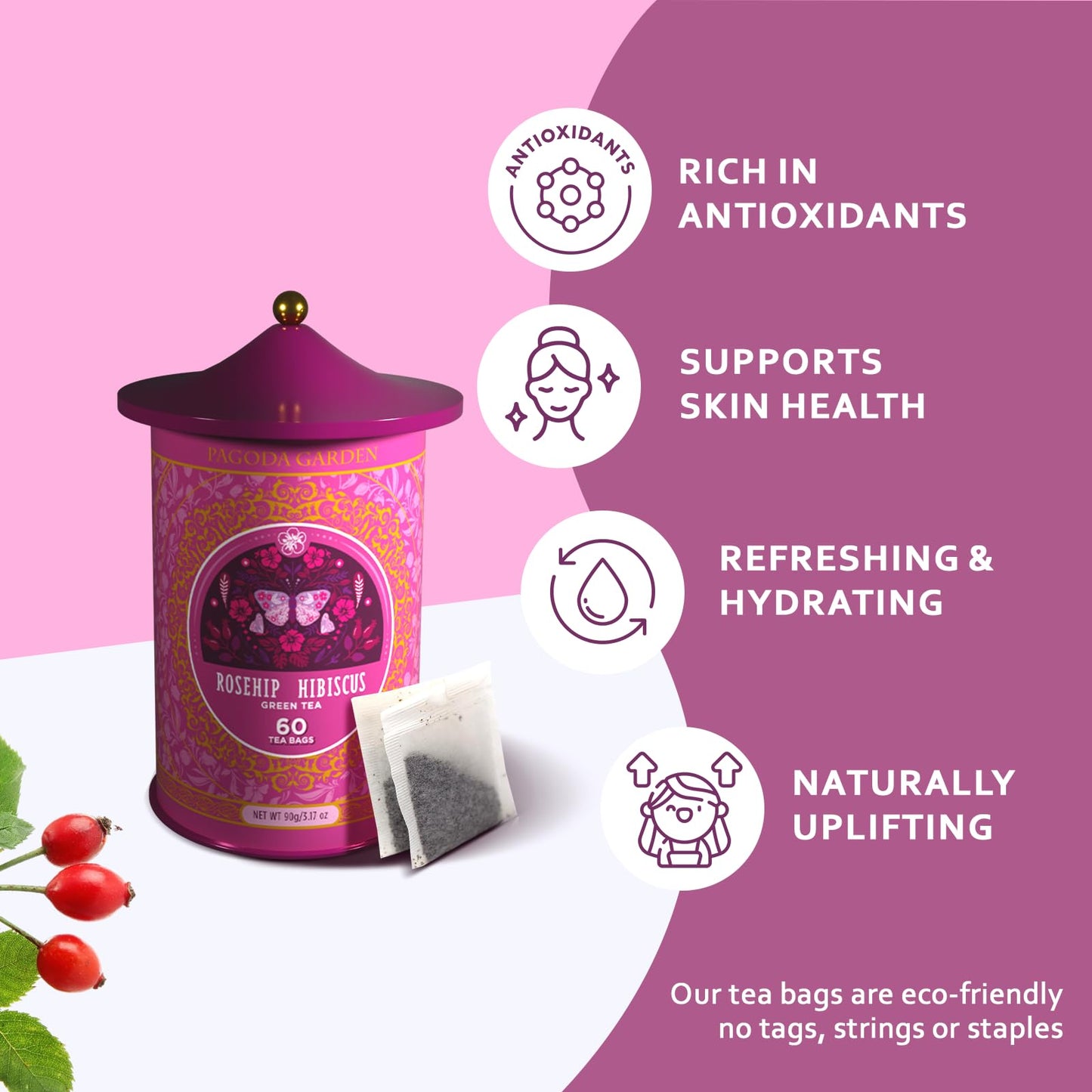 Life Plus Style Gourmet Pagoda Garden Rosehip Hibiscus Green Tea Herbal Tea Caffeinated Hot or Iced Natural Ceylon 60 Tea Bags