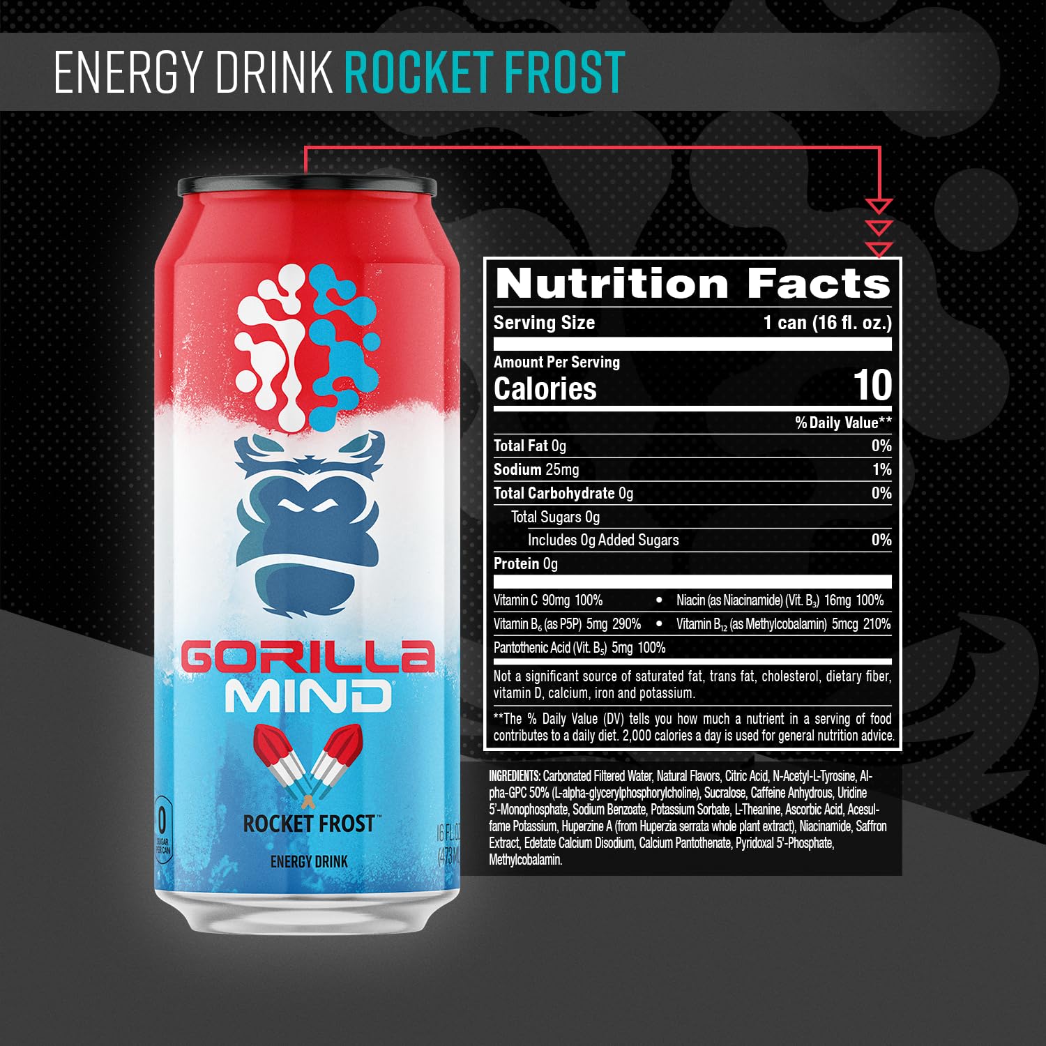 Gorilla Mind Energy Drink | Unmatched Energy · Amplified Focus | N-Acetyl-L-Tyrosine, Alpha-GPC, 200mg Caffeine, Uridine, Saffron | 0 Sugar Or