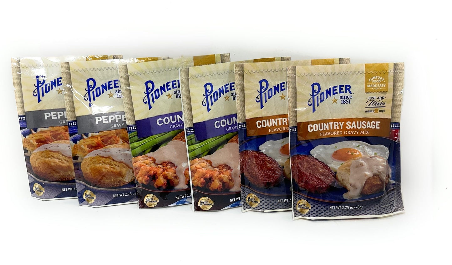 Pioneer Brand Gravy Variety Bundle, 2.75 oz (Pack of 6) includes 2-Count Peppered Gravy Mix + 2-Count Country Sausage Flavor Gravy Mix + 2-Count