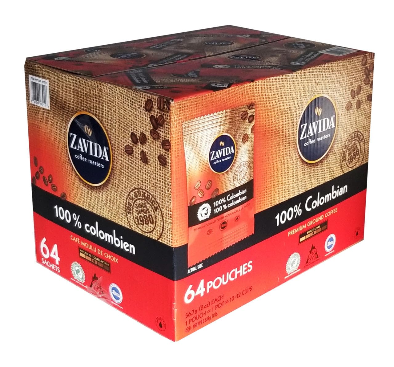 Zavida 64 Piece Coffee Pouches, 100% Colombian, 8 Pound