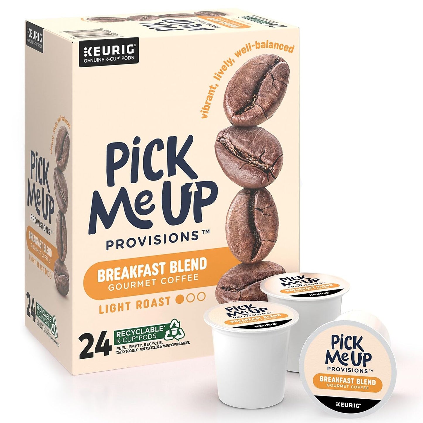 Pick Me Up Provisions Breakfast Blend Coffee - Light Roast, Keurig K-Cup Pods, Compatible, 24 Count, Kosher, Recyclable Coffee Pods