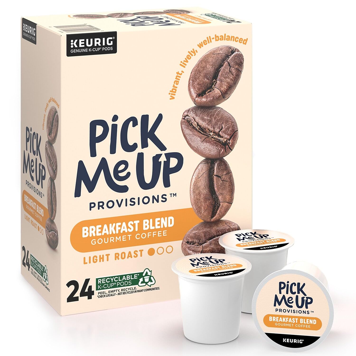 Pick Me Up Provisions Breakfast Blend Coffee - Light Roast, Keurig K-Cup Pods, Compatible, 24 Count, Kosher, Recyclable Coffee Pods