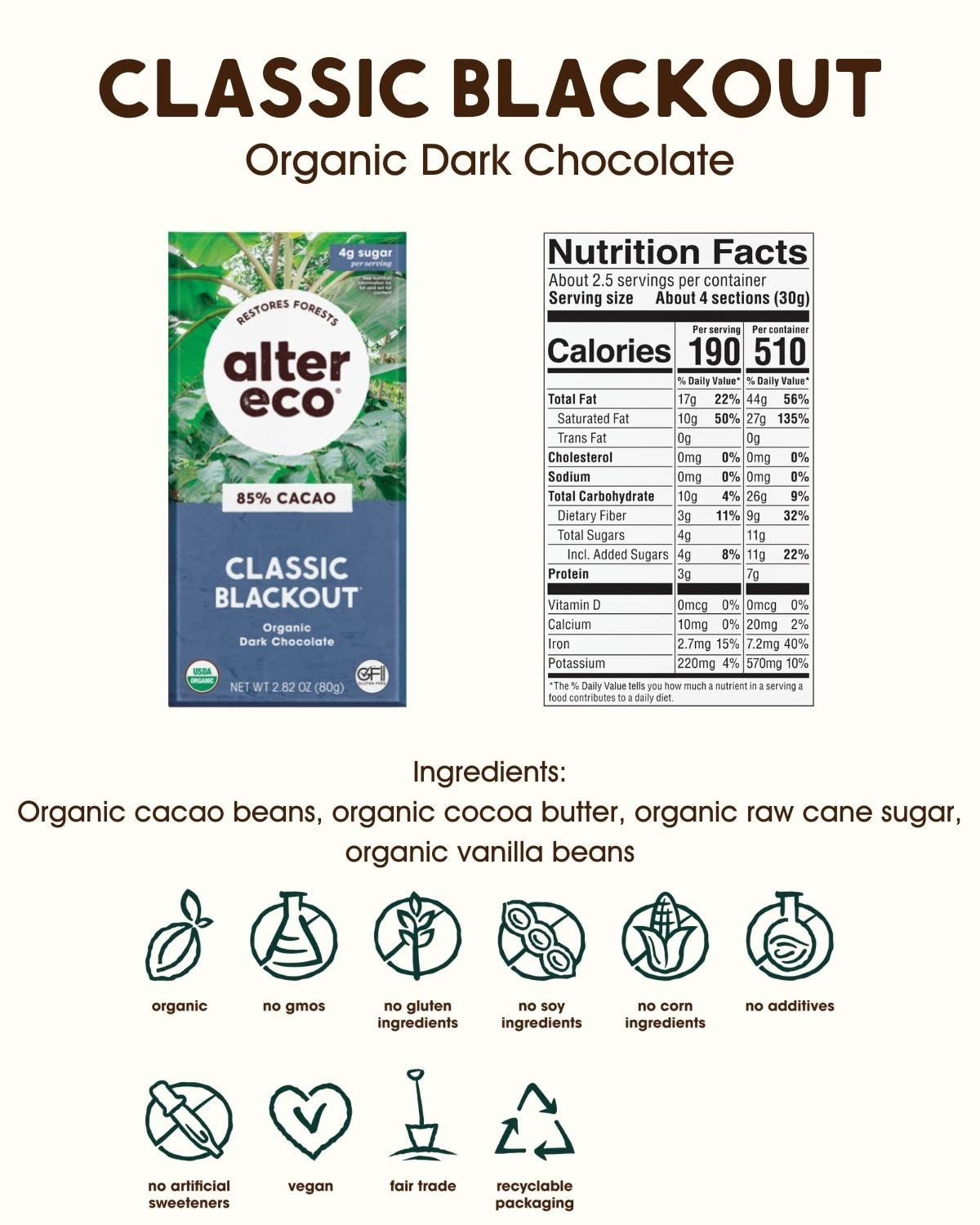 Alter Eco | Classic Blackout | 85% Pure Dark Cocoa, Fair Trade, Organic, Non-GMO, Gluten Free Dark Chocolate Bar, 4 Bars