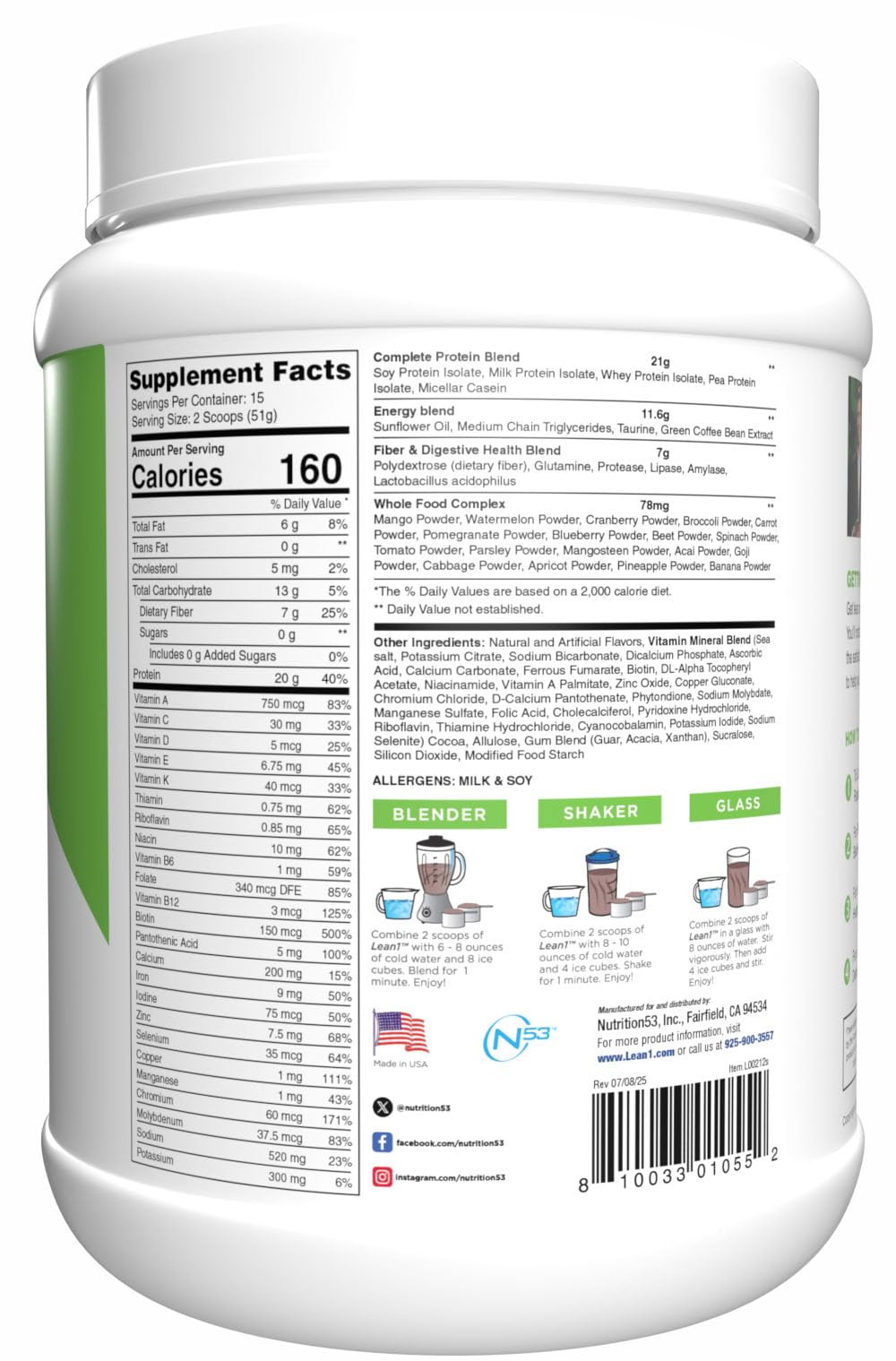 N53 Lean1 Meal Replacement Protein Powder, Cookies and Cream Flavor, 15 Serving tub, No Sugar Added