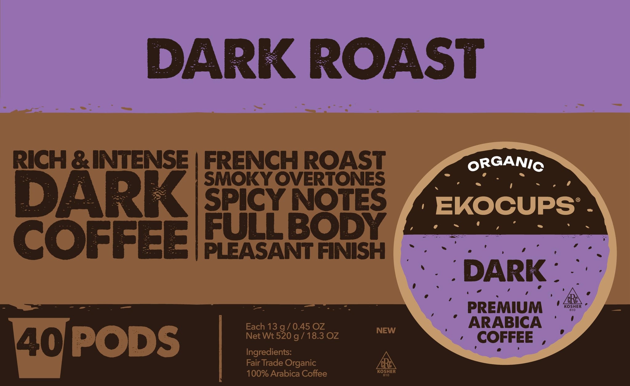 EKOCUPS Organic Dark Roast Coffee Pods, Strong Bold Dark Roast Flavor - USDA Certified Organic - Single Serve Cups for Keurig K Cups Coffee Makers