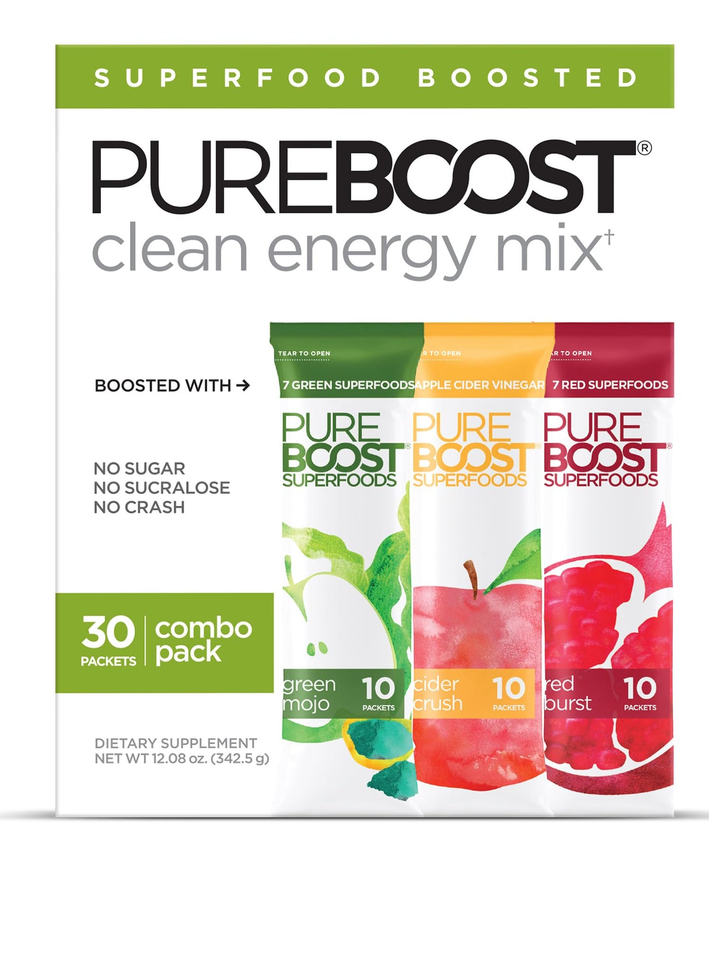 Pureboost Sugar-Free Superfoods Clean Energy Booster, Combo Pack 30 Count, Energy Drink Mix with Apple Cider Vinegar, 7 Organic Red or Green