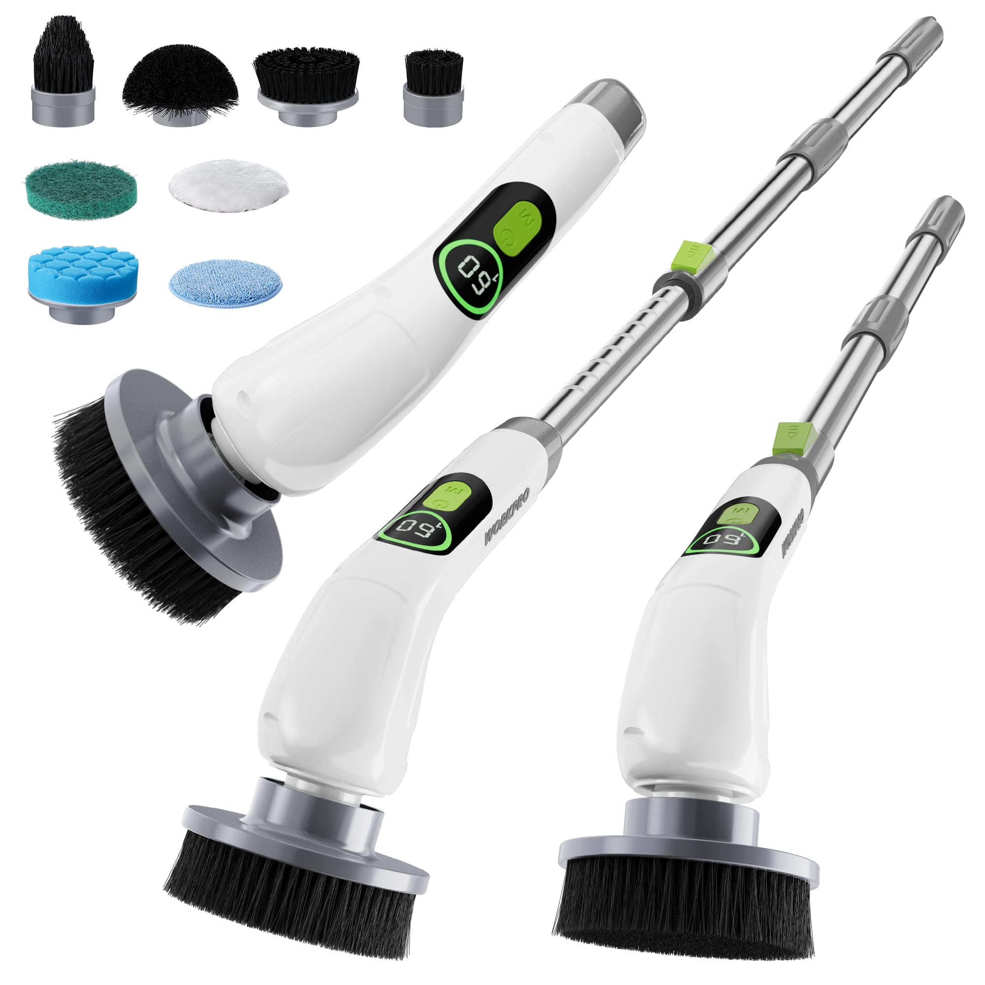 WORKPRO Electric Spin Scrubber, Cordless Cleaning Brush, 3-Speed, Long Adjustable Handle & 8 Replaceable Brush Heads, Waterproof Scrubber