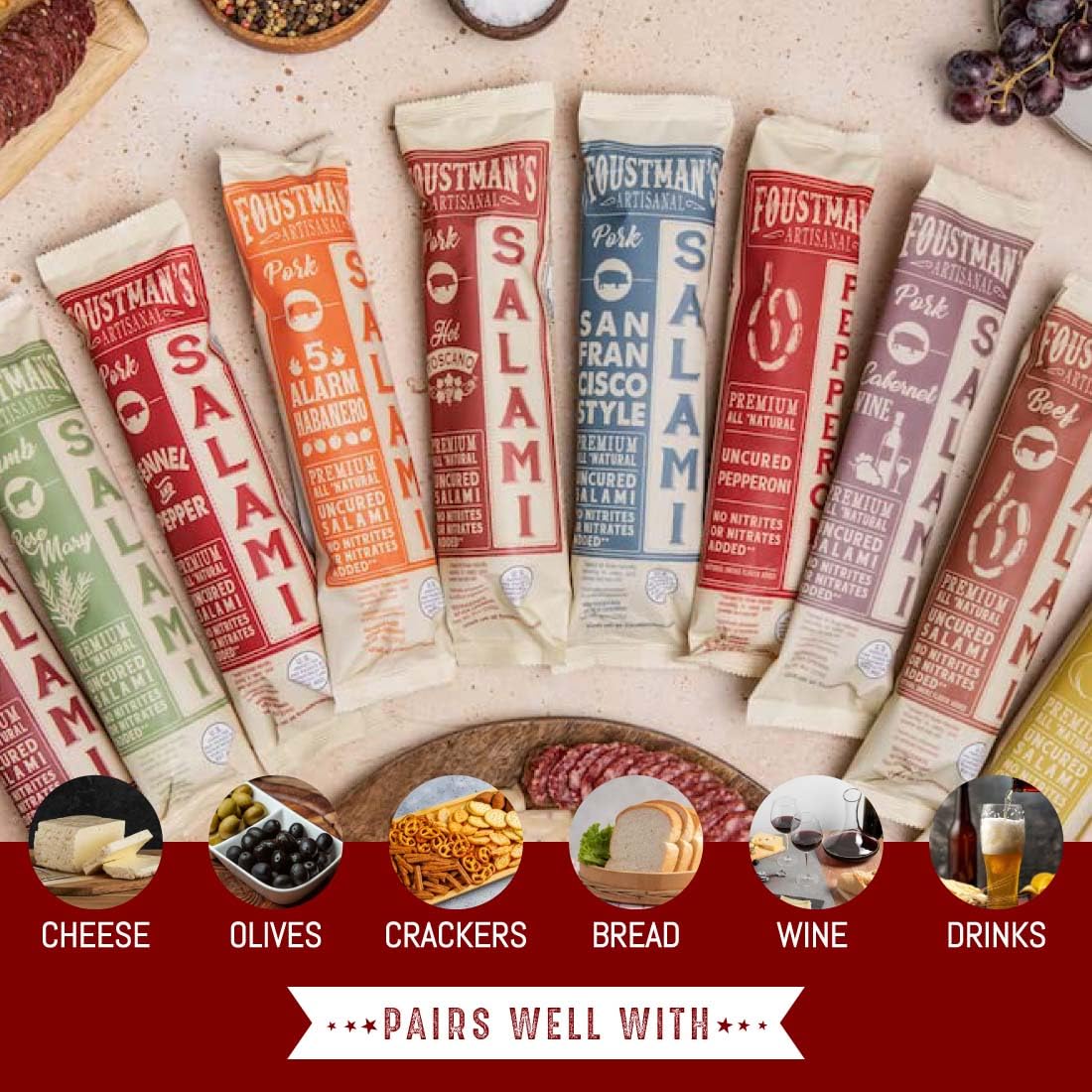 Foustman's Salami (Cabernet Wine) Artisanal, Nitrate-Free, Naturally Cured