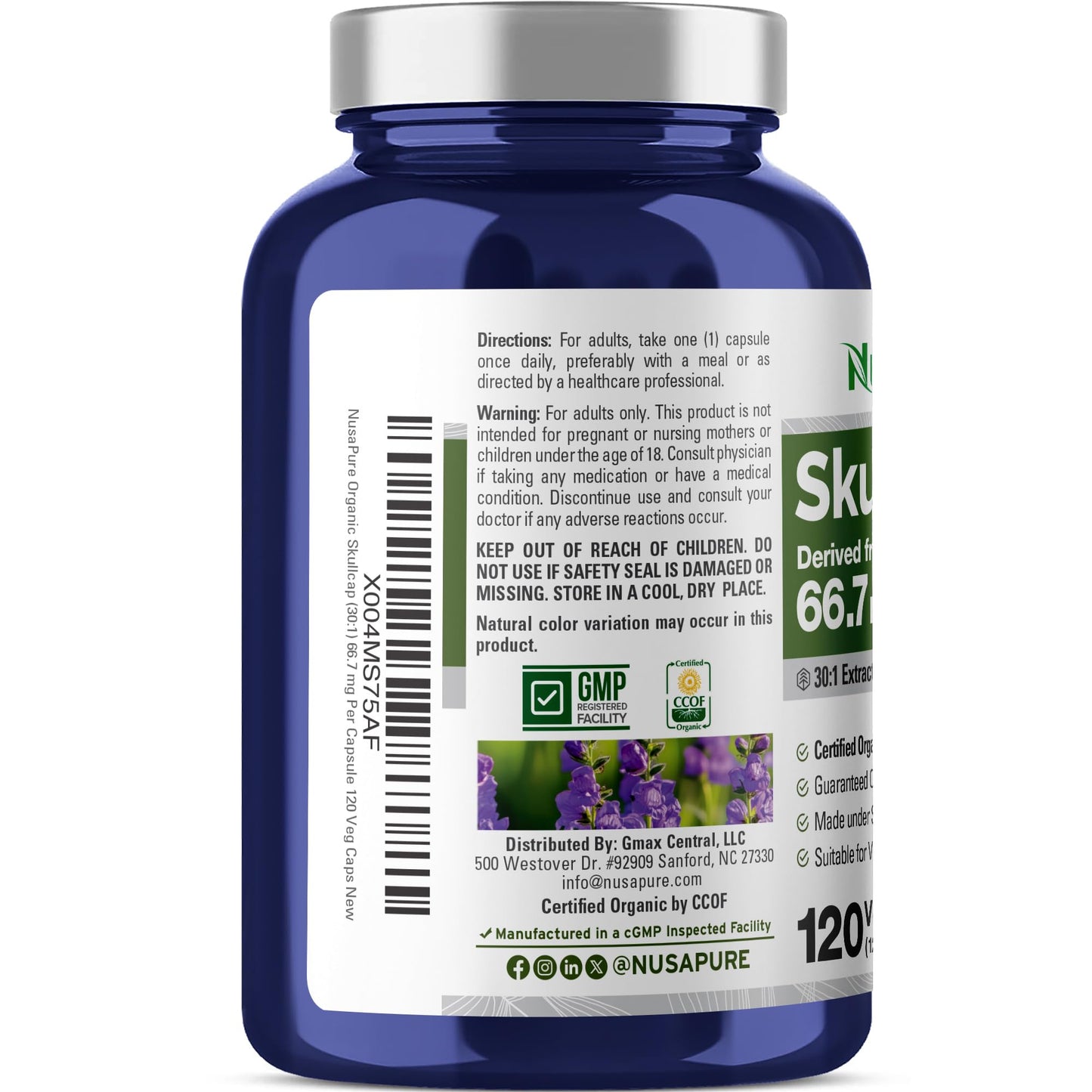 NusaPure Organic Skullcap Root Capsules, 66.66 mg, 120 Veg Capsules (Non-GMO, USDA, Vegan)