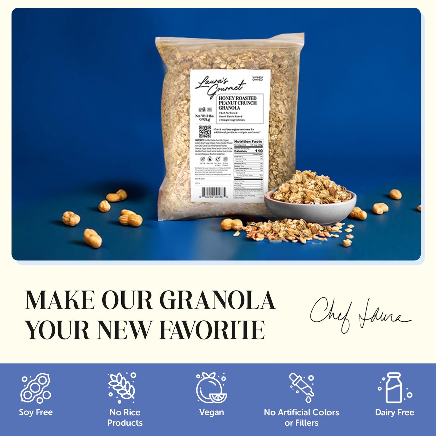 Laura's Gourmet Granola Honey Roasted Peanut Crunch, 2 lb, Gluten-Free Oats, Vegetarian, Dairy & Soy Free Snack, Organic Honey Roasted Peanuts