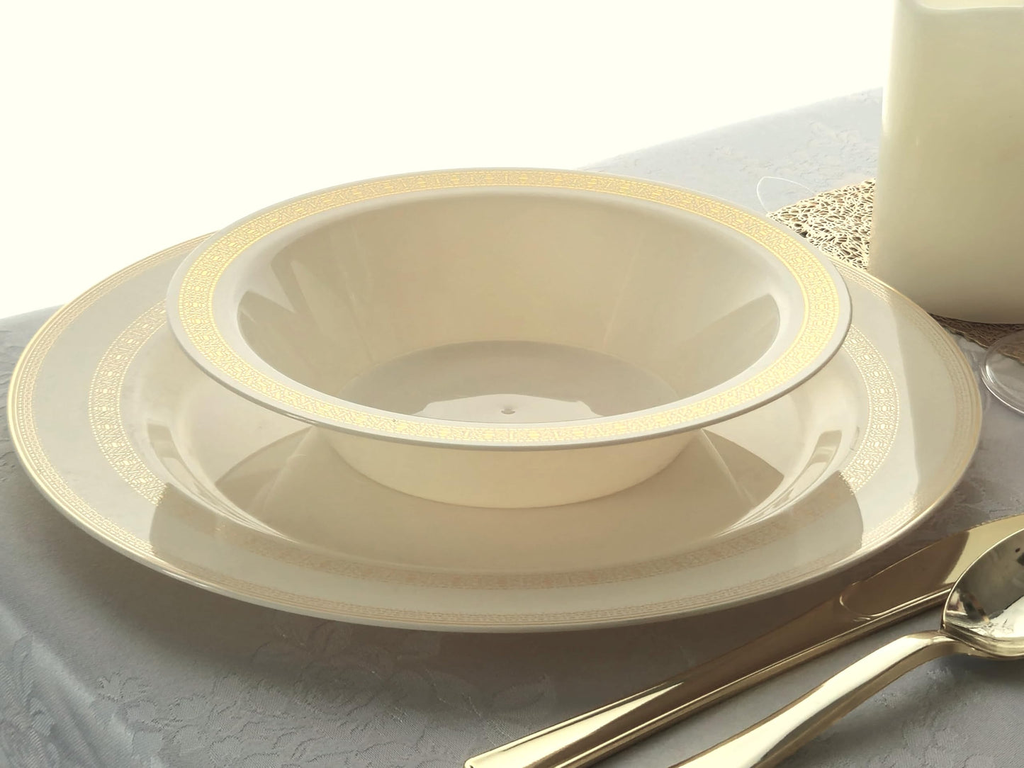 " OCCASIONS " 60 Plates Pack, Heavyweight Disposable Wedding Party Plastic Plates (6.25'' Dessert/Bread Plate, Lace Ivory & Gold)