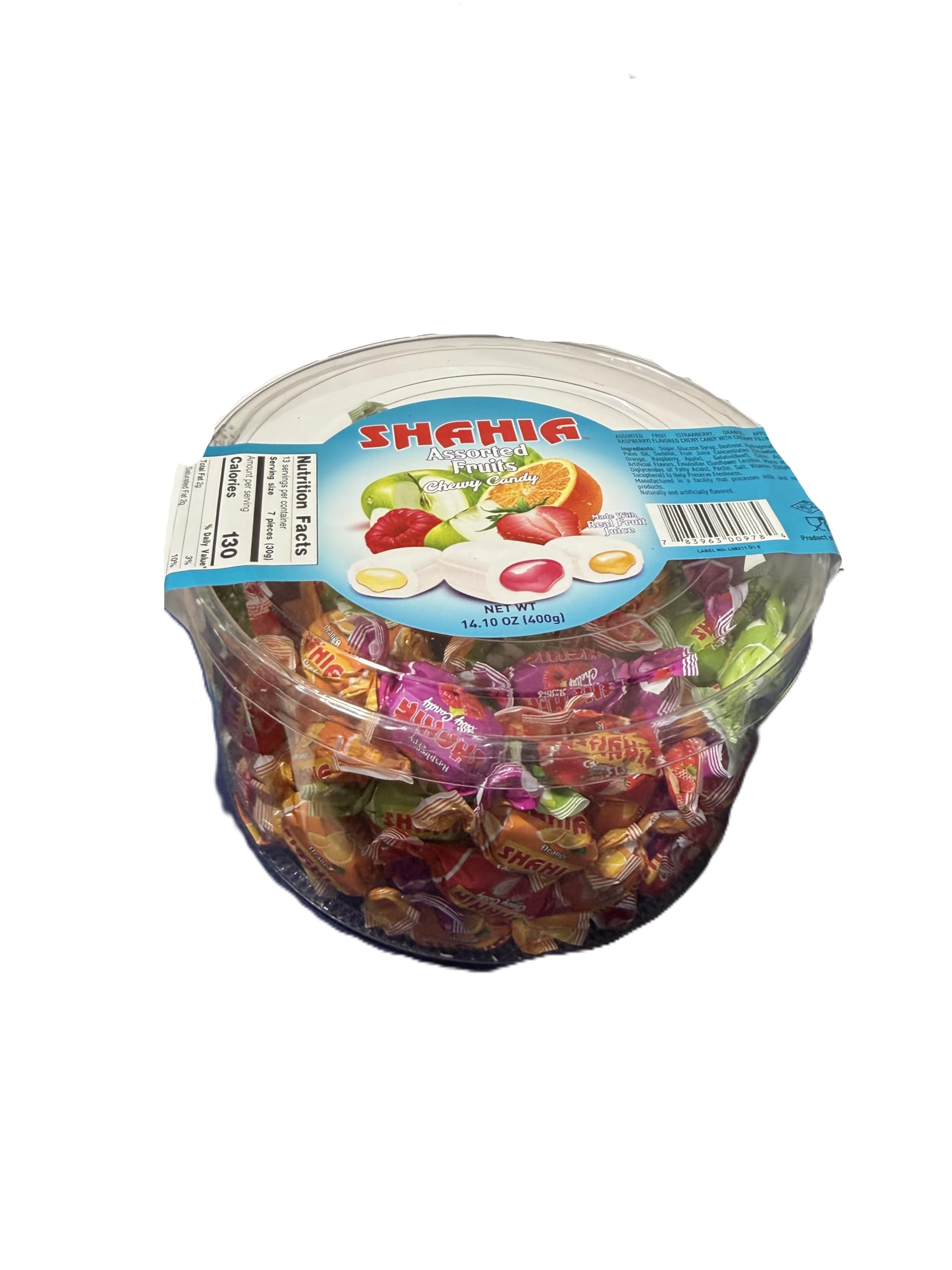 Shahia Assorted Fruits Chewy Candy 400g (14.1 oz) - Soft Filled Fruit Chews - Individually Wrapped Assorted Flavors - Imported Turkish Candy Tub