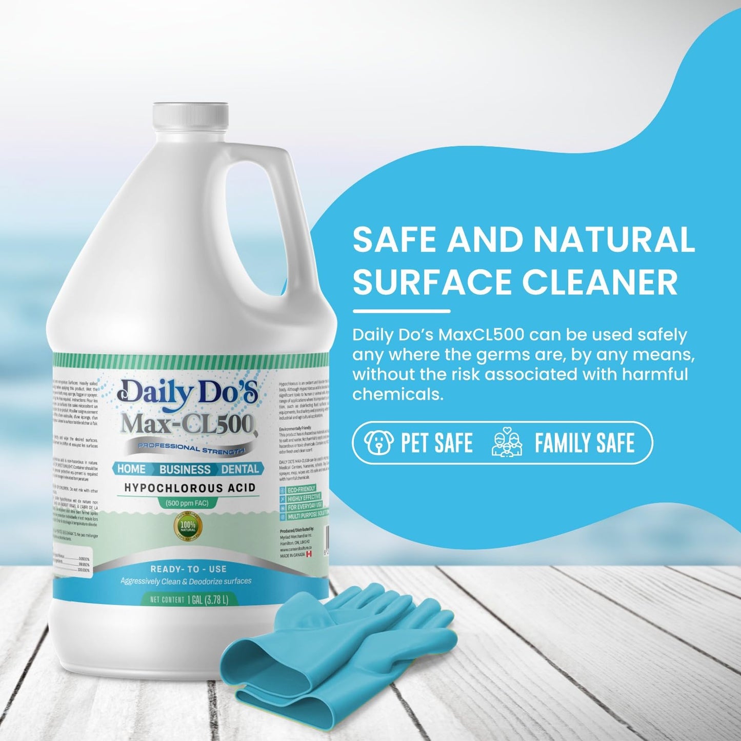 Daily Do's Hypochlorous Acid (HOCl) All Purpose - Cleaning Solution | 500ppm | 1 Gallon Value Size | Professional-Grade, Alcohol-Free & Non-Staining