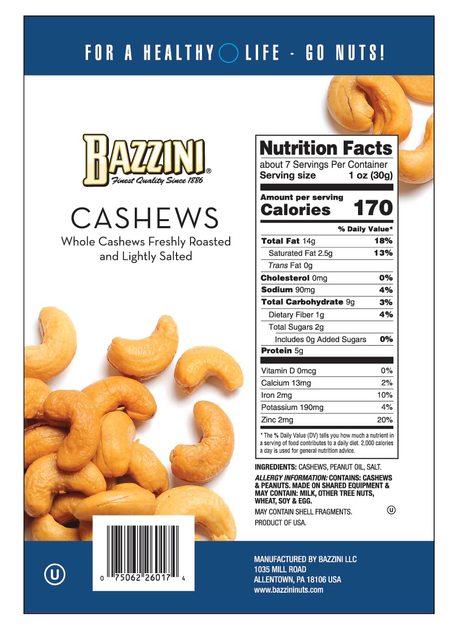 Bazzini Gourmet Nuts, Kosher, Established in 1886, Made in the USA (1 Pouch, Cashews)