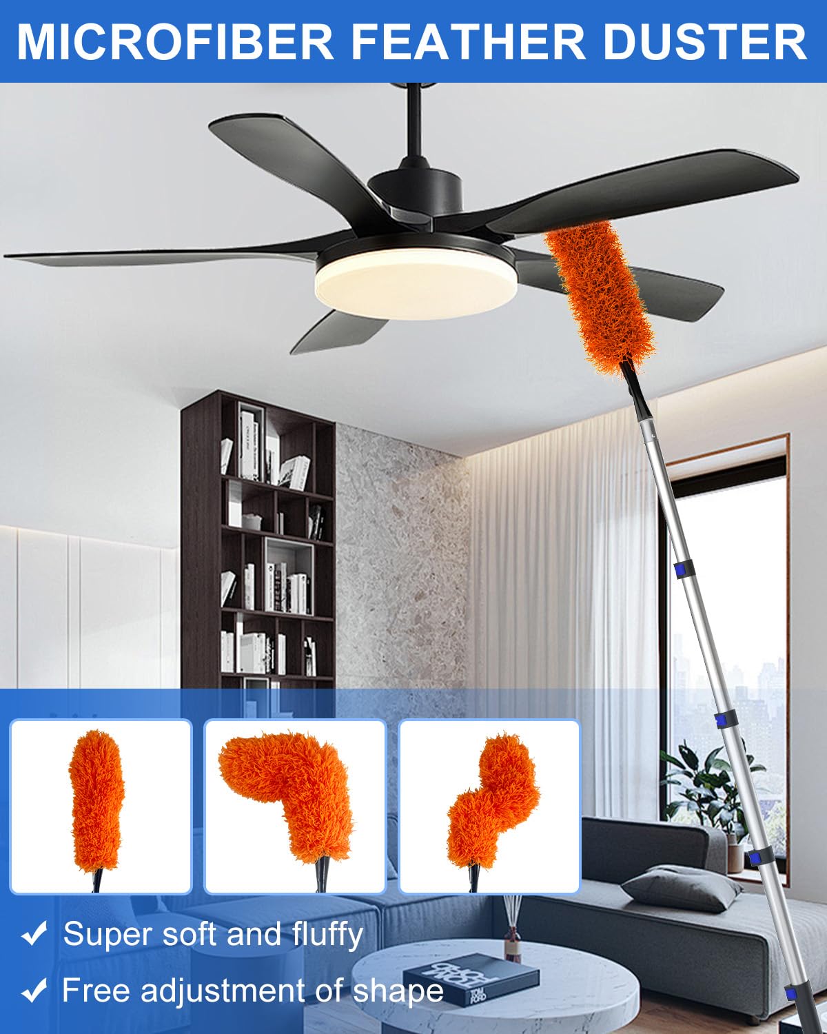 SKGPOLE 26 Foot High Reach Duster Kit with 5-20 ft Telescoping Extension Pole, High Ceiling Duster, Cobweb Duster, Window Squeegee, Feather Duster