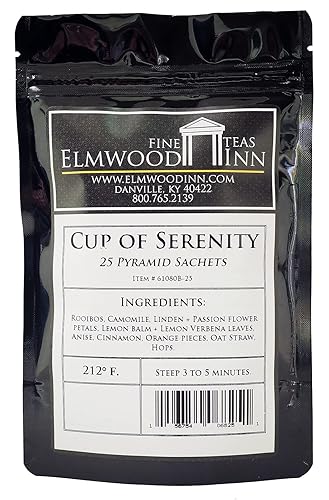 Elmwood Inn Fine Teas, Cup of Serenity Caffeine-Free Herbal Tea, 25 Pyramid Sachet Tea Bags