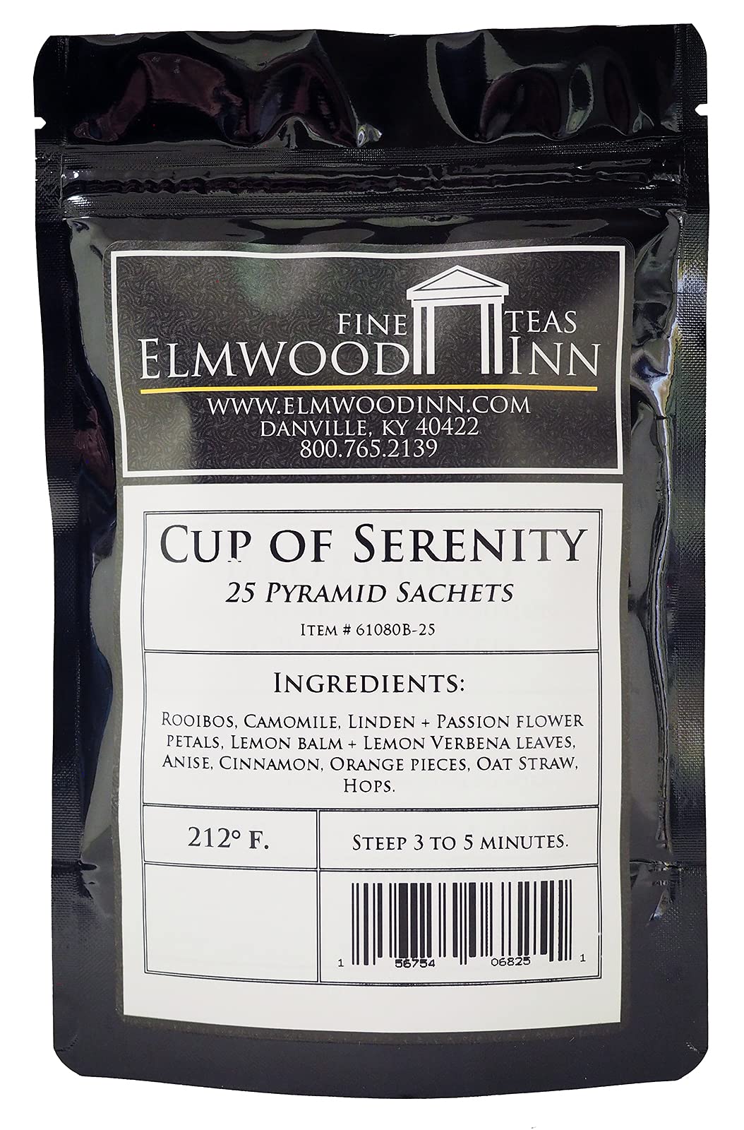 Elmwood Inn Fine Teas, Cup of Serenity Caffeine-Free Herbal Tea, 25 Pyramid Sachet Tea Bags