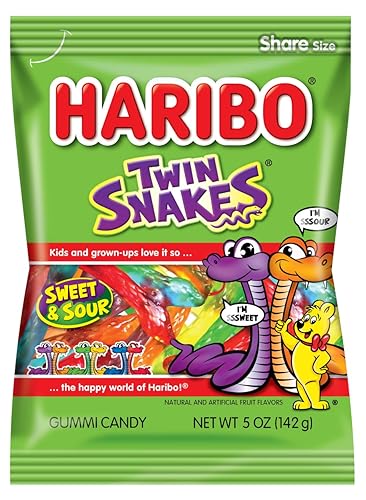 Haribo of America Twin Snakes Gummi Candy, Assorted Sweet and Sour Flavors, 5 Ounce