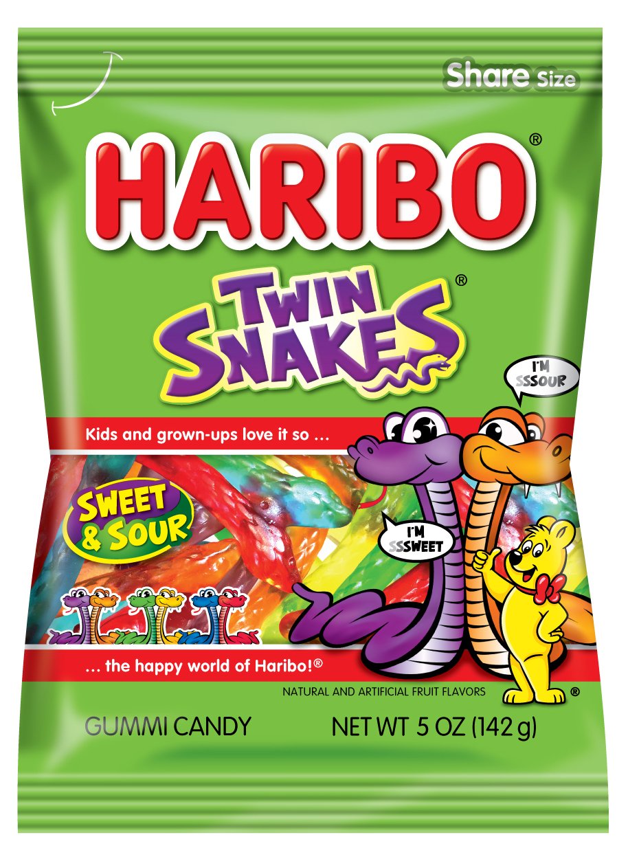 Haribo of America Twin Snakes Gummi Candy, Assorted Sweet and Sour Flavors, 5 Ounce