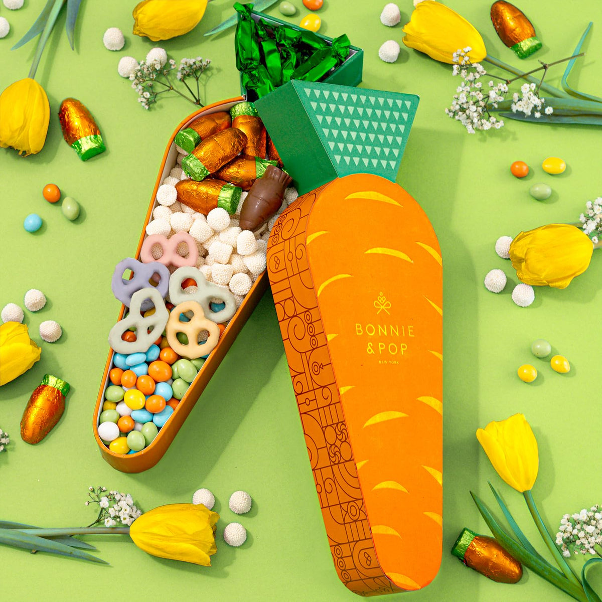 Easter Carrot Treat Gift Box - Spring Candy Assortment with Caramels, Champagne Bubbles Candy, Candied Peanuts, Yogurt Pretzels & Shortbread Cookies