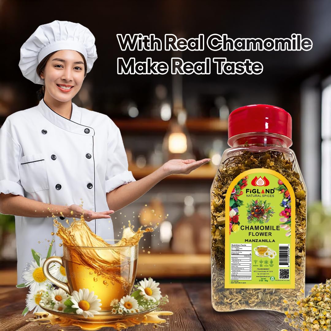 FIGLAND Natural Spices Chamomile Flower | Manzanilla Whole Dried Blossoms 2 oz | 100% Natural Herbal Chamomile Tea Ingredient | Premium Quality Dried