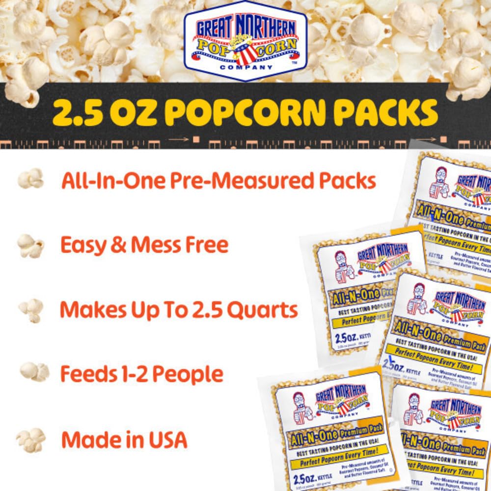 2.5oz Popcorn Machine Popcorn Packets - All-in-One Movie Theater Style Kernels, Salt, and Oil Packs by Great Northern Popcorn (24 Case)
