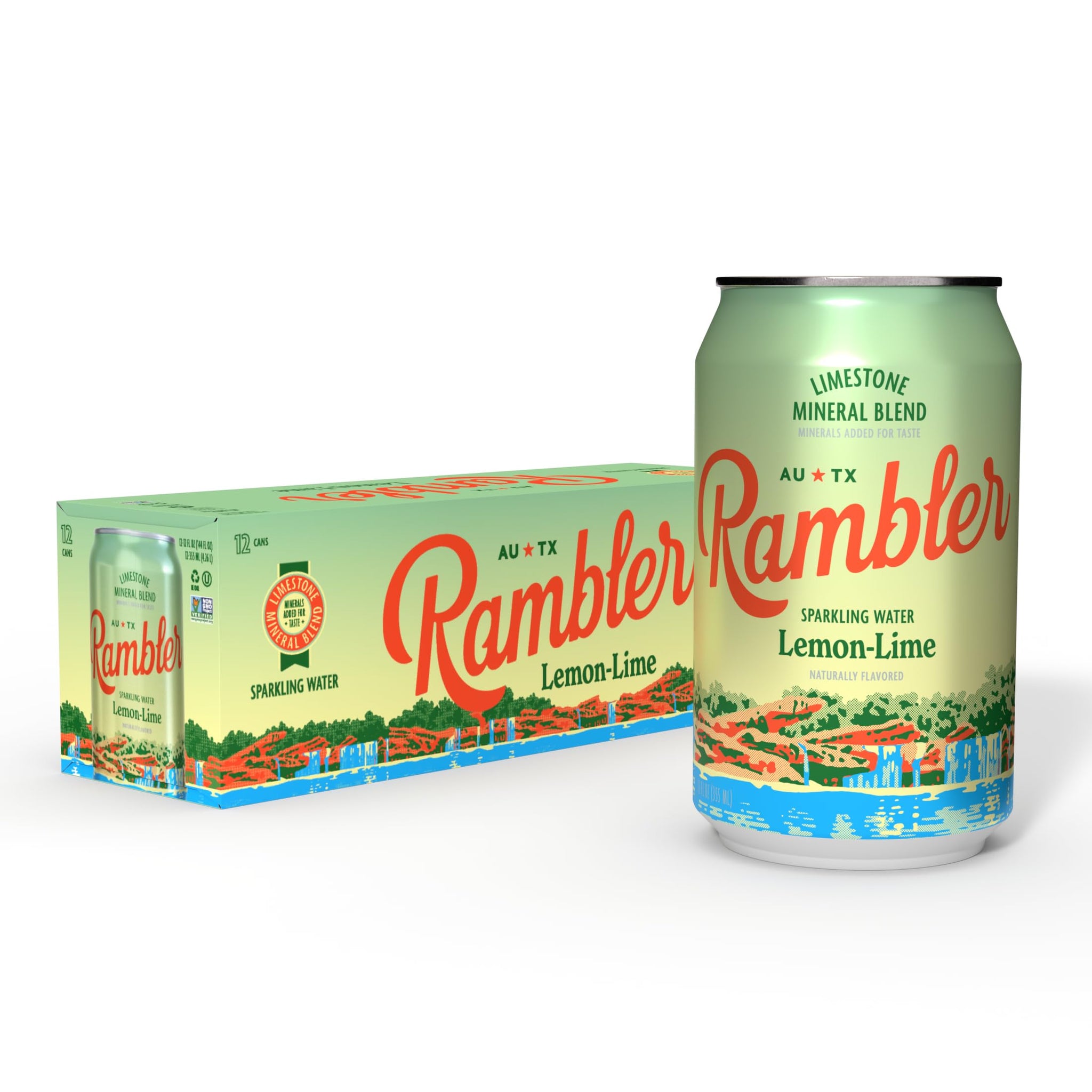 AUTX RAMBLER Sparkling Water, Texas Limestone Mineral Blend, Lemon-Lime Flavor, 12-Ounce Cans, 12-Pack