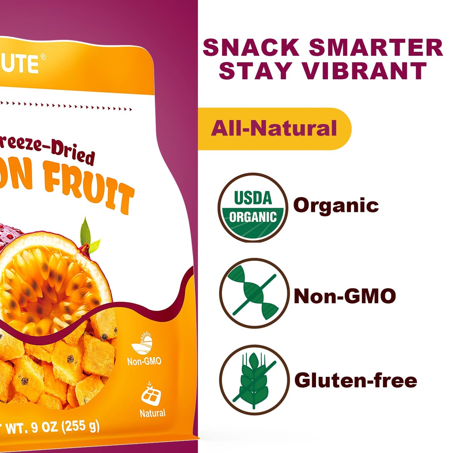 Organic Freeze Dried Passion Fruit Chunks, 9oz/255g | No Additives, Non-GMO, Gluten-Free & Unsweetened | Crunchy Dehydrated Fruits for Smoothies