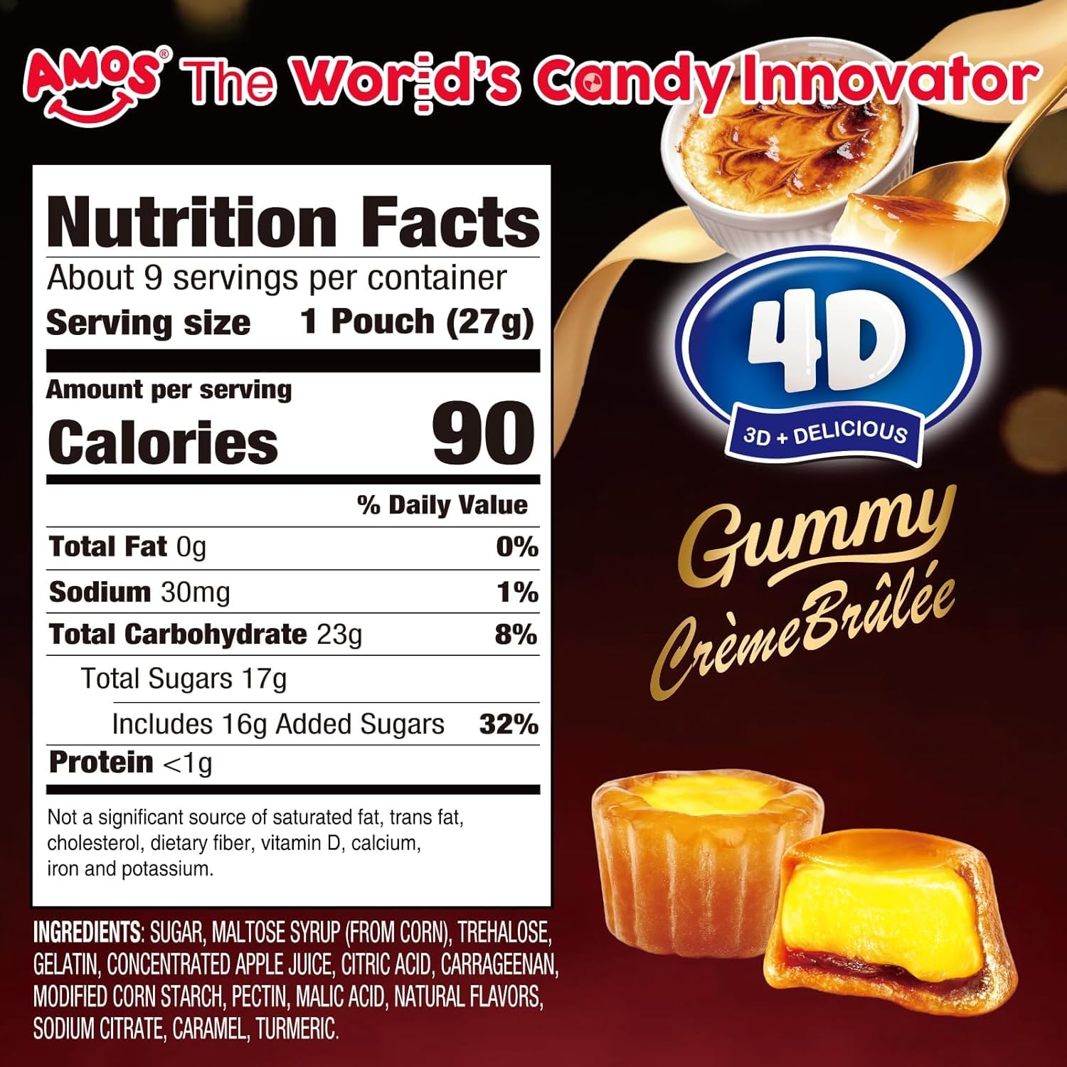 Amos 4D Creme Brulee Gummy Candy, Caramel Flavored Soft Chewy Gummies, Individually Wrapped On The Go Snacks, 8.47 oz (240g)