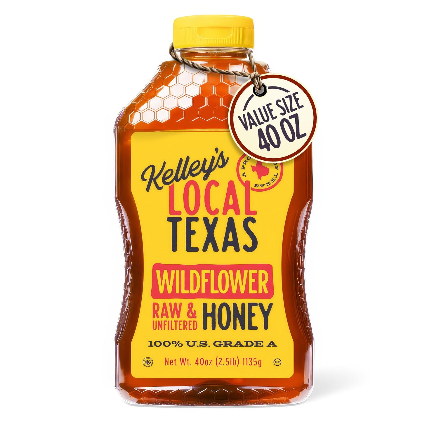 Kelley's Local Texas Wildflower Honey 40 oz - 100% Pure, Raw and Unfiltered - All-Natural American Honey for Tea, Baking, Yogurt, Toast & BBQ, Squeeze Bottle