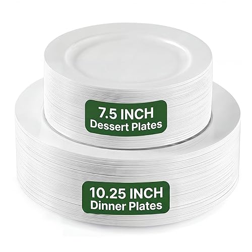 TENYANSEN 100PCS White Plastic Plates for Party, Heavy Duty Disposable Plates - 10.25inch Dinner Plates and 7.5inch Appetizer/Dessert/Salad Plates