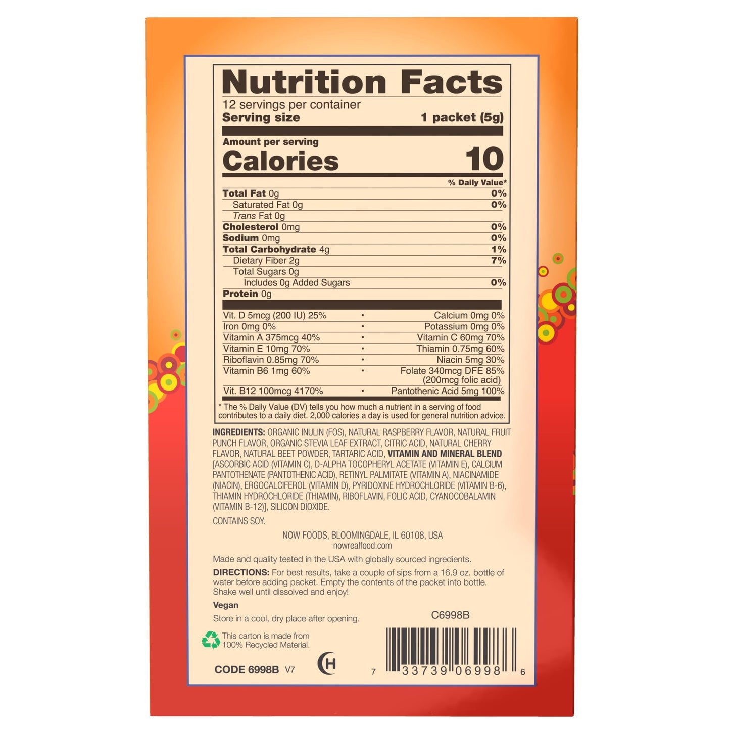 NOW Foods, Slender Sticks, Tropical Punch, 15 Calories Per Stick, Refreshingly Delicious, with Antioxidant Vitamins A,C, E, 12/Box