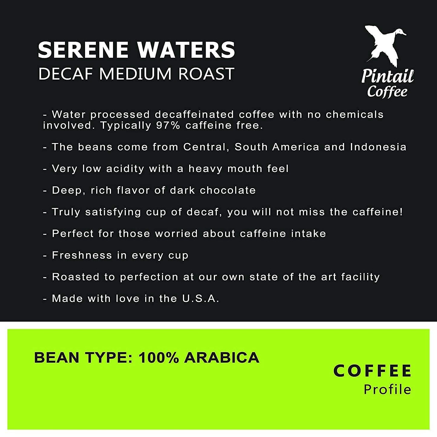 Pintail Coffee - Brazilian "Serene Waters" Decaffeinated Ground Coffee, 12oz bag