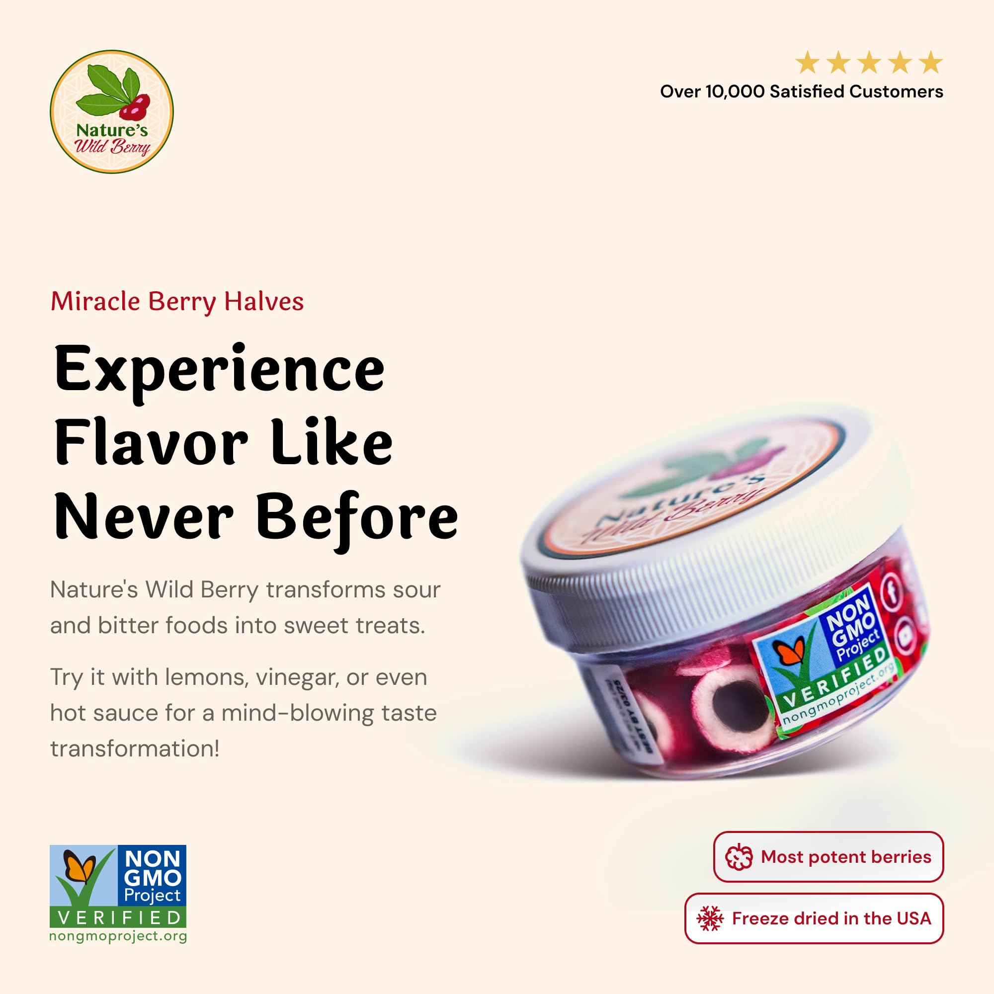 Nature's Wild Berry Miracle Berry Halves | 30 Freeze Dried Flavor Tripping Halves | Turns Sour Sweet | Hermetically Sealed Metal Tin | 100% Plastic