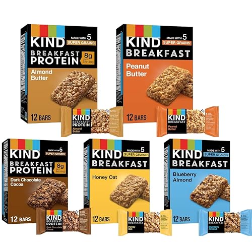 KIND Breakfast Bars Variety Pack - 60 Bars - Dark Chocolate Cocoa, Honey Oat, Peanut Butter, Blueberry Almond & Almond Butter - Healthy On-the-Go