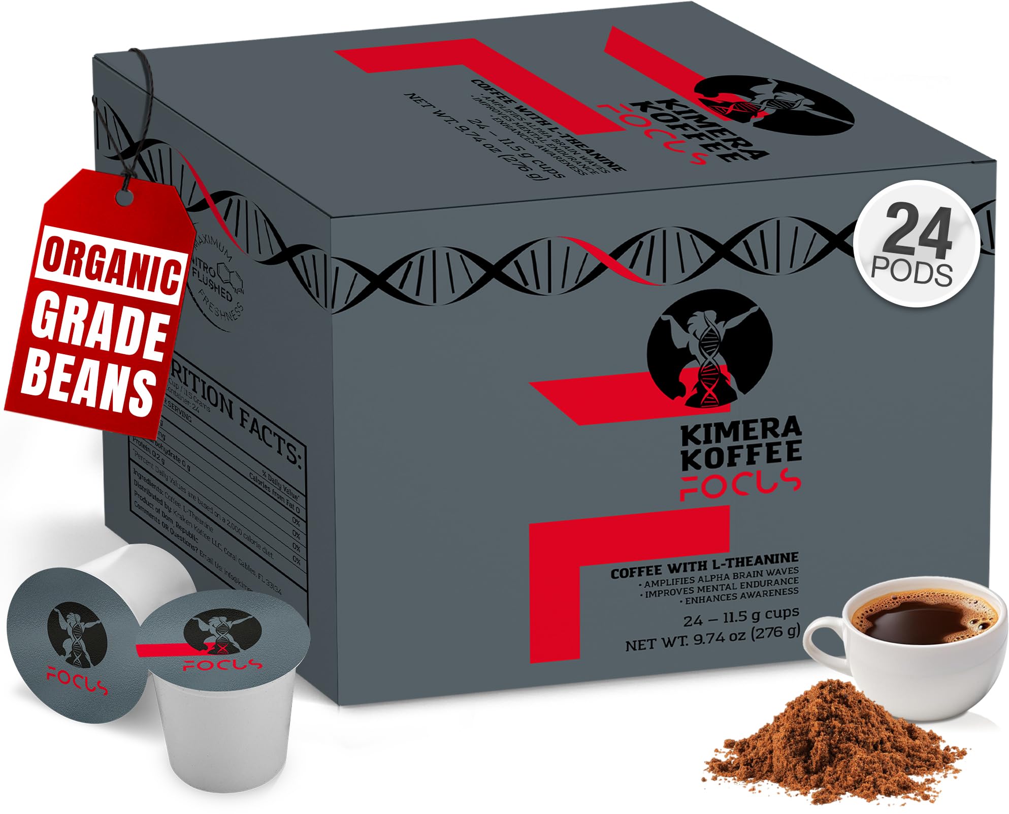 Kimera Koffee Focus Blend - Organic Light Roast Nootropic Ground Coffee Pods with L-Theanine, 24 Count