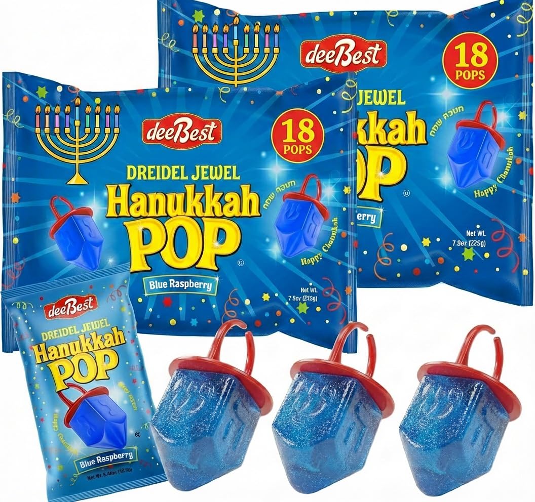 Hanukkah Dreidels Jewel Pop Ring Shape Candy - Blue Raspberry 36 Count Individually Wrapped Dreidel - Hanukah Decorations Kosher Candy Party Favor