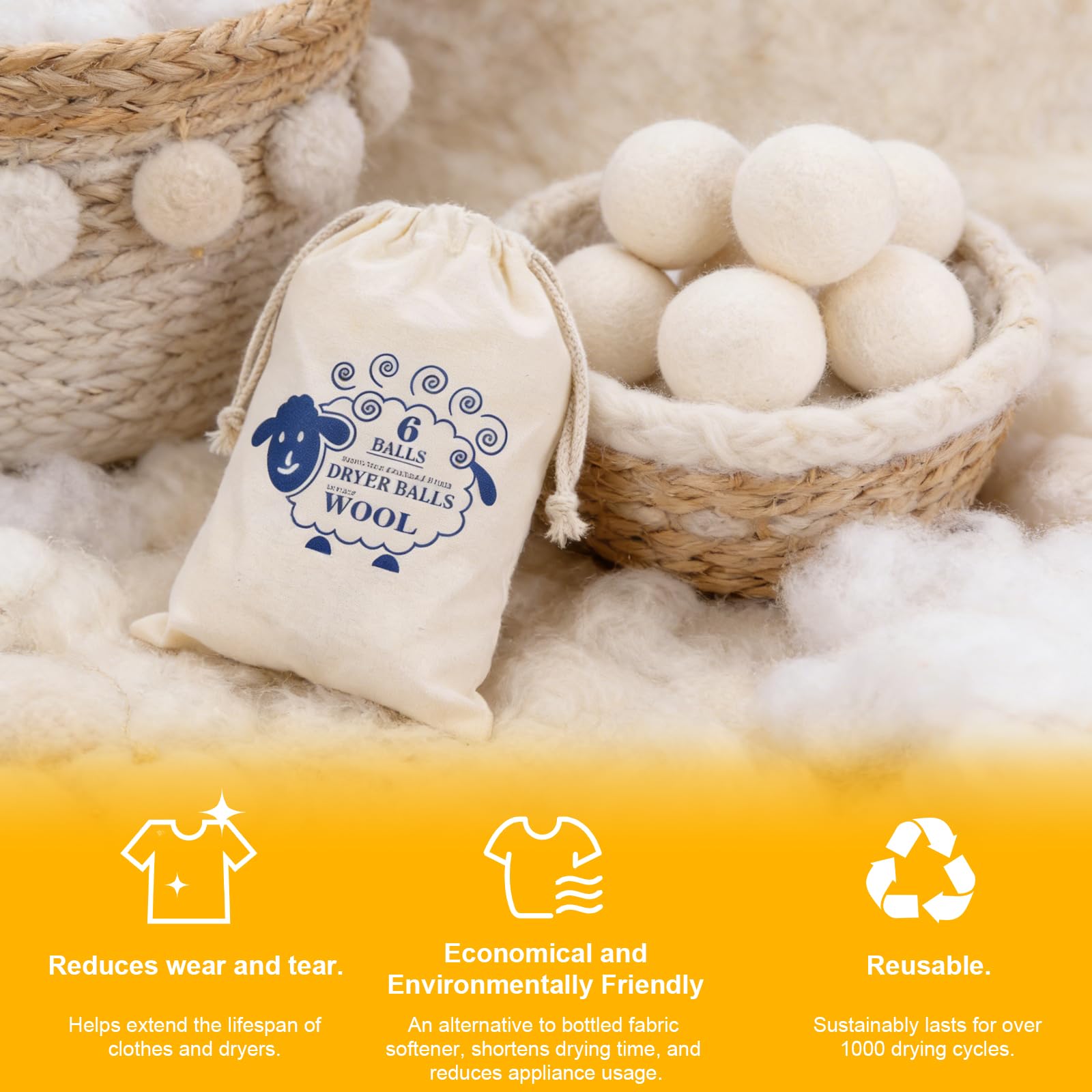 Shuielai 6pc Wool Dryer Balls, Dryer Balls for Laundry, Reusable Wool Dryer Balls