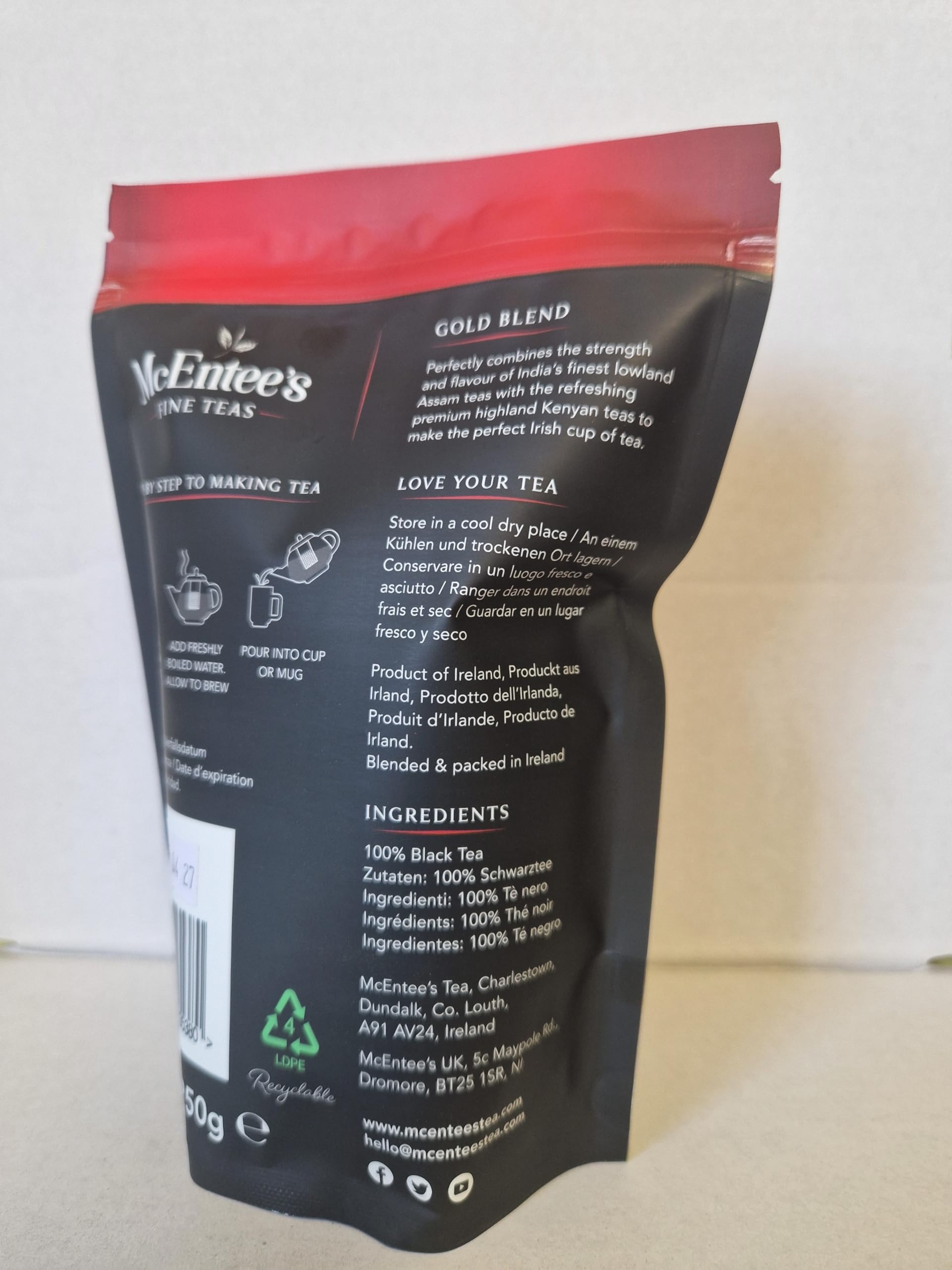 McEntee's Irish Loose Leaf Gold Blend Tea - (Pack of 4) - 250g Refill Bag - Expertly blended in Ireland to give that perfect cup of tea. A traditional