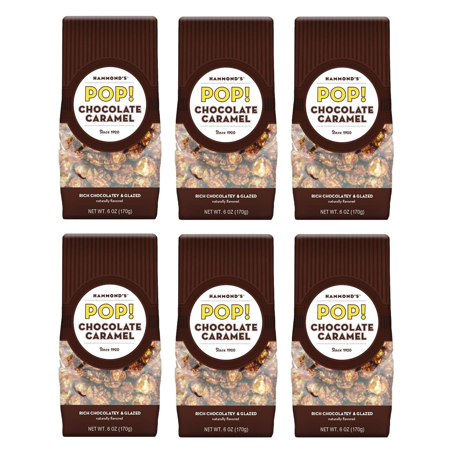 Hammond's Candies | Gourmet Chocolate Caramel Popcorn | 6 Bags, Great for Snacking | Small Batches Popped to Perfection | Handcrafted in USA