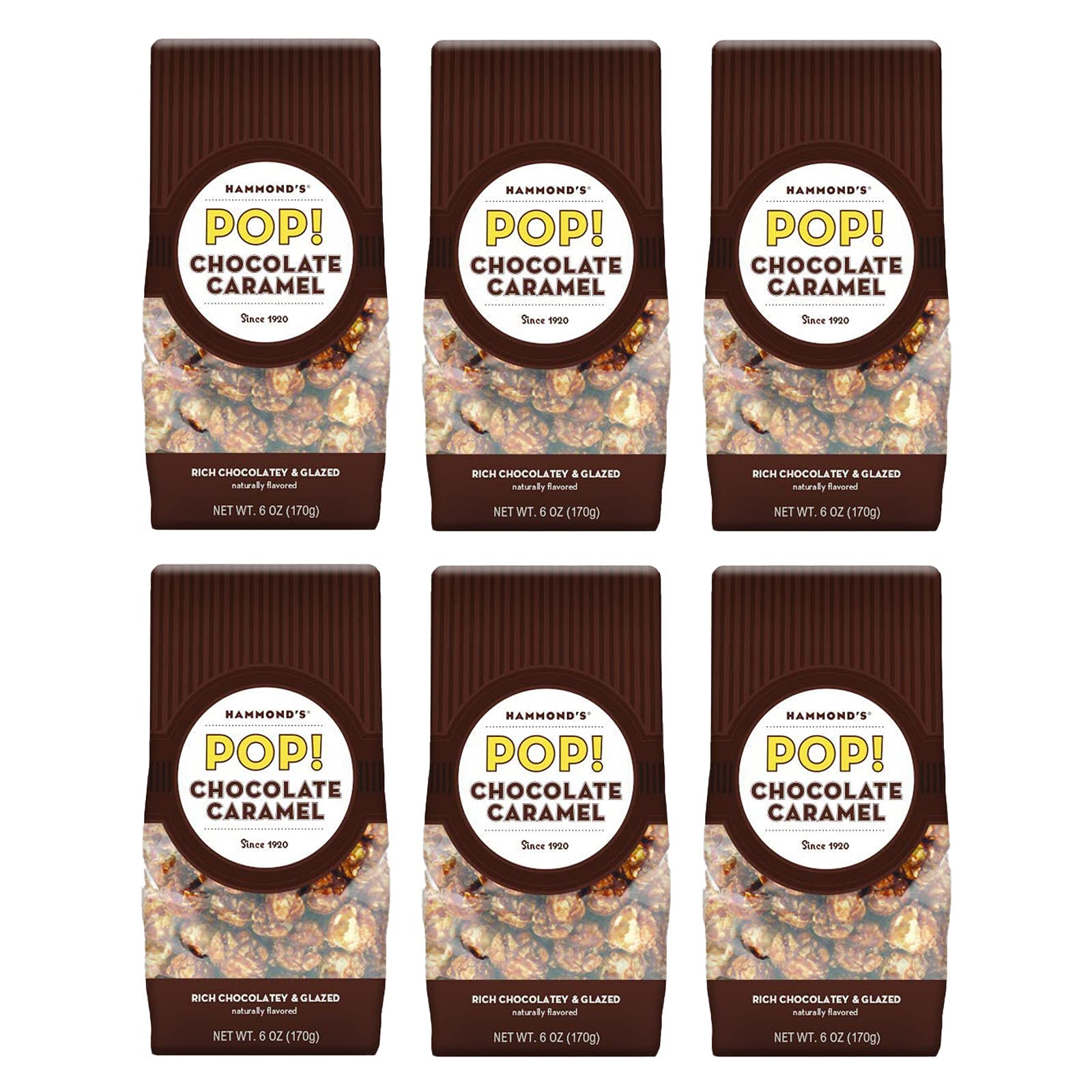 Hammond's Candies | Gourmet Chocolate Caramel Popcorn | 6 Bags, Great for Snacking | Small Batches Popped to Perfection | Handcrafted in USA