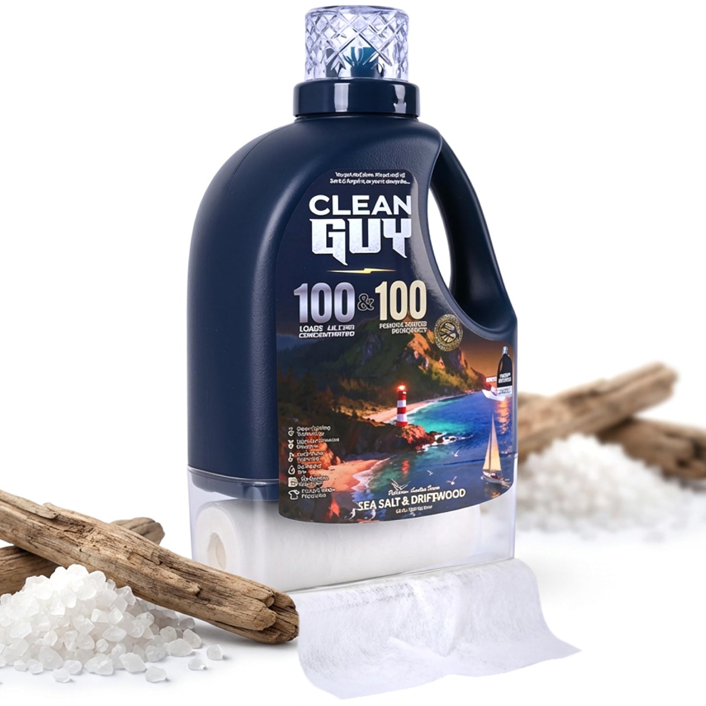Clean Guy Laundry Detergent with Dryer Sheets | Ocean Fresh Scent, Deep Clean Formula, Softens & Freshens Clothes, Long-Lasting Freshness -Sea salt