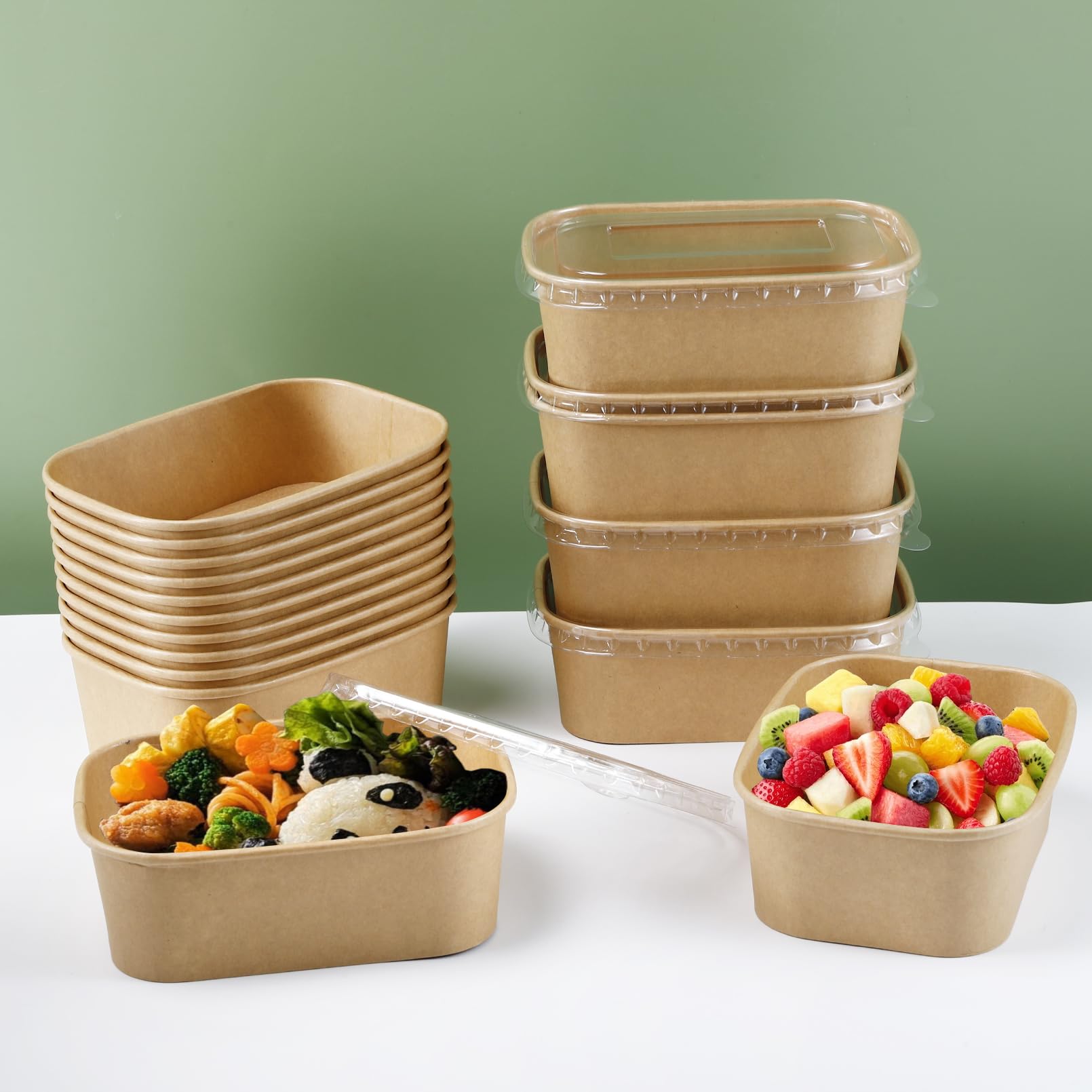 RAIHOMKIT 50Pack Paper Food Containers with Lids, 25oz Disposable Kraft Paper Bowls, Rectangular Cardboard Meal Prep Containers, Take Out Cardboard